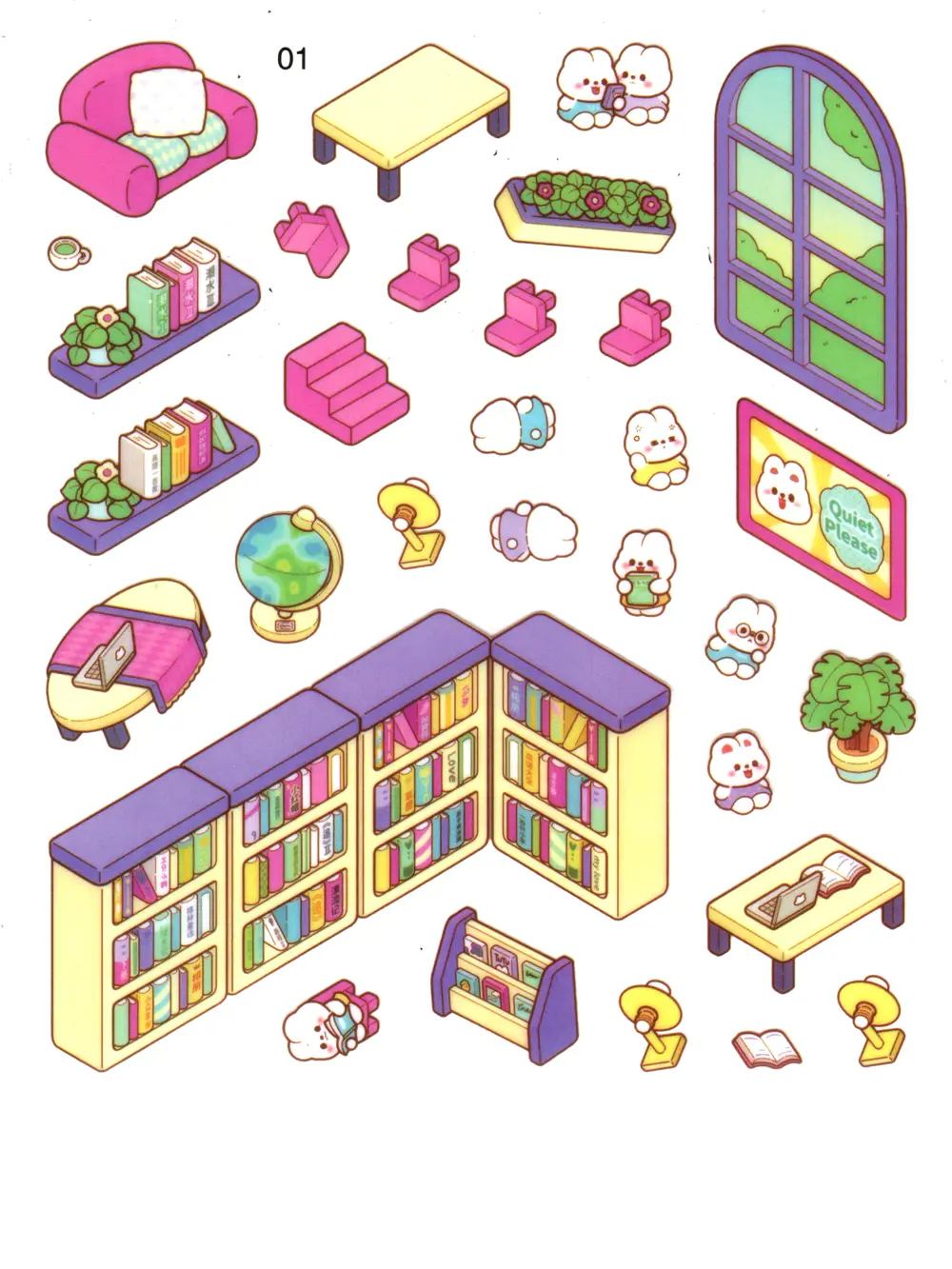 Kütüphane izometrik Sticker Yapım Seti 3d Etiket Yapışkanlı Çıkar