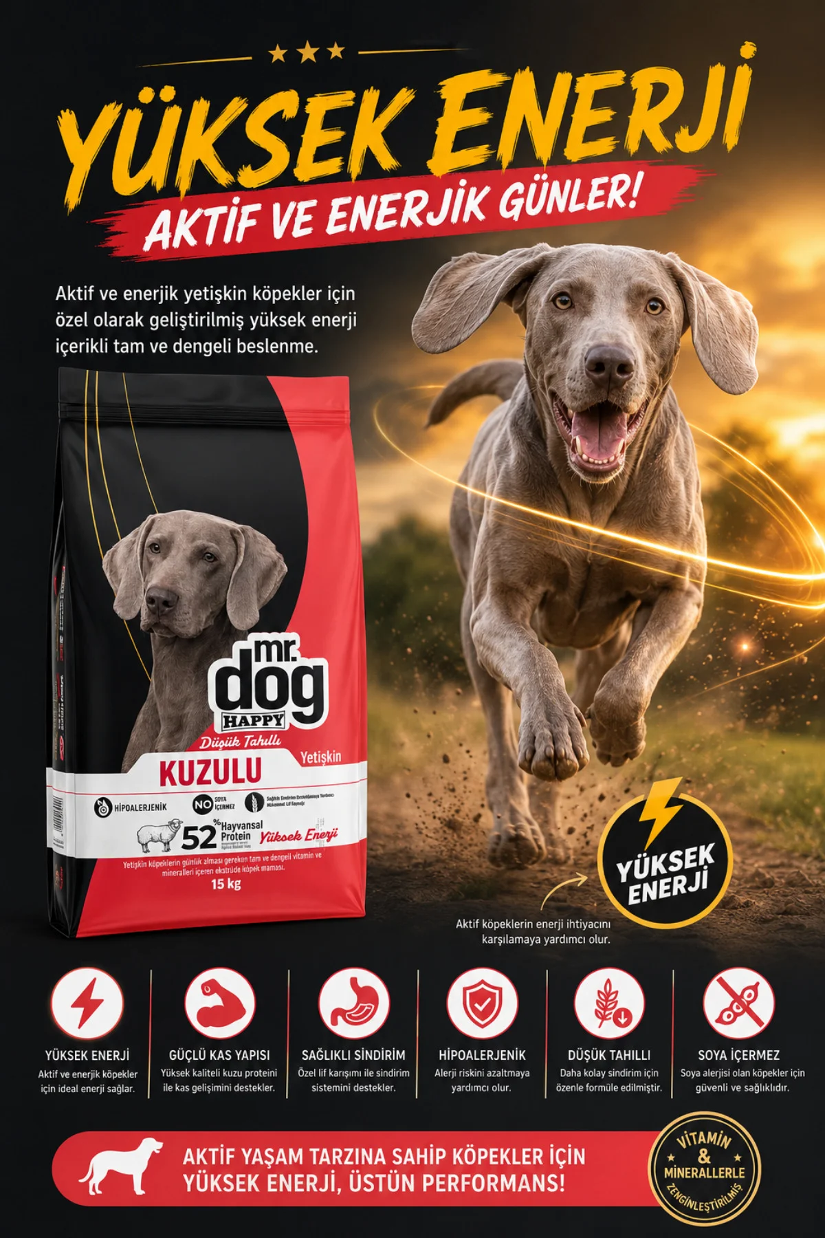 Kuzulu Yetişkin Köpek Maması 15 Kg - Düşük Tahıllı, Hipoalerjenik, Yüksek Enerji