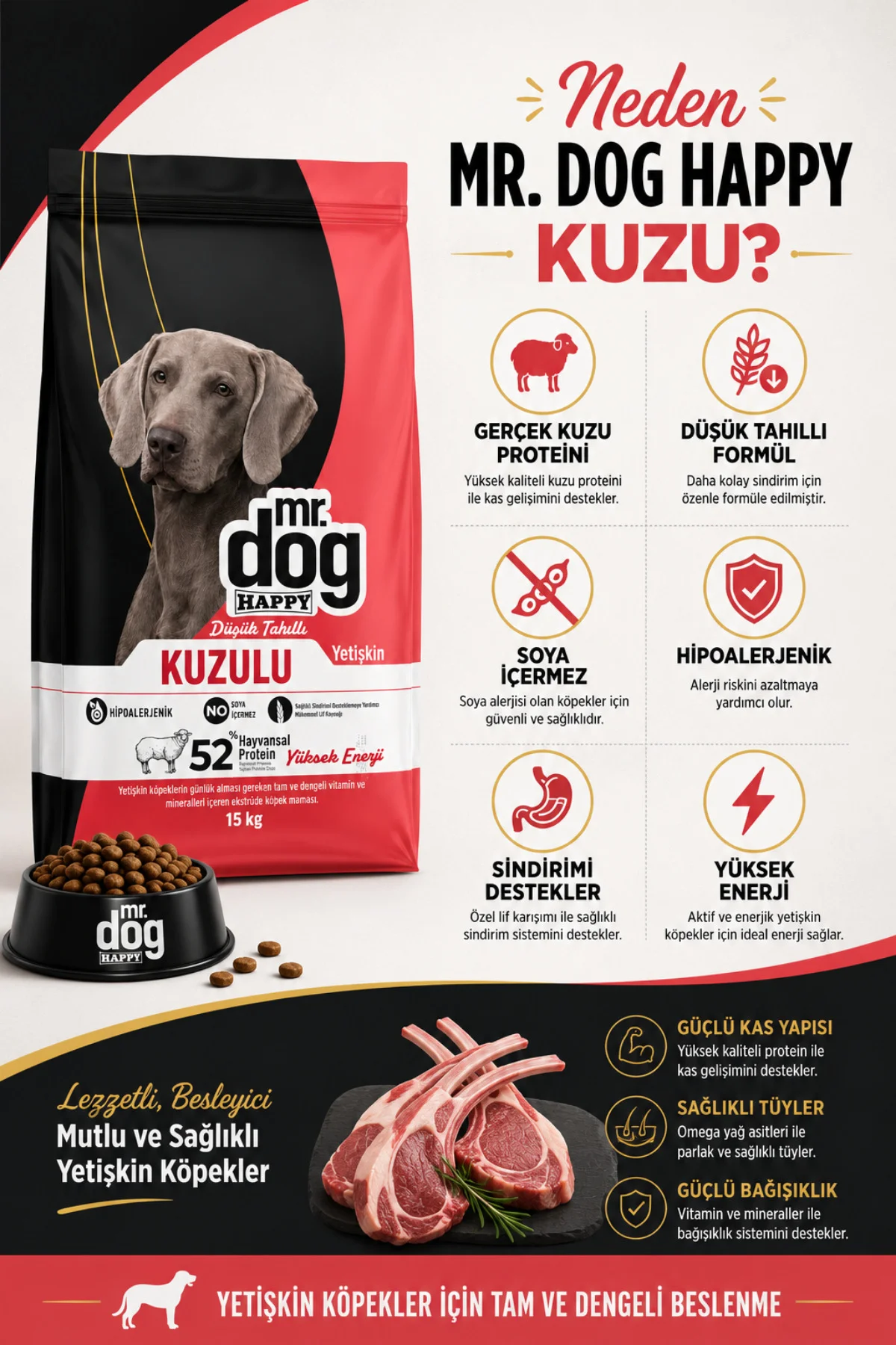 Kuzulu Yetişkin Köpek Maması 15 Kg - Düşük Tahıllı, Hipoalerjenik, Yüksek Enerji