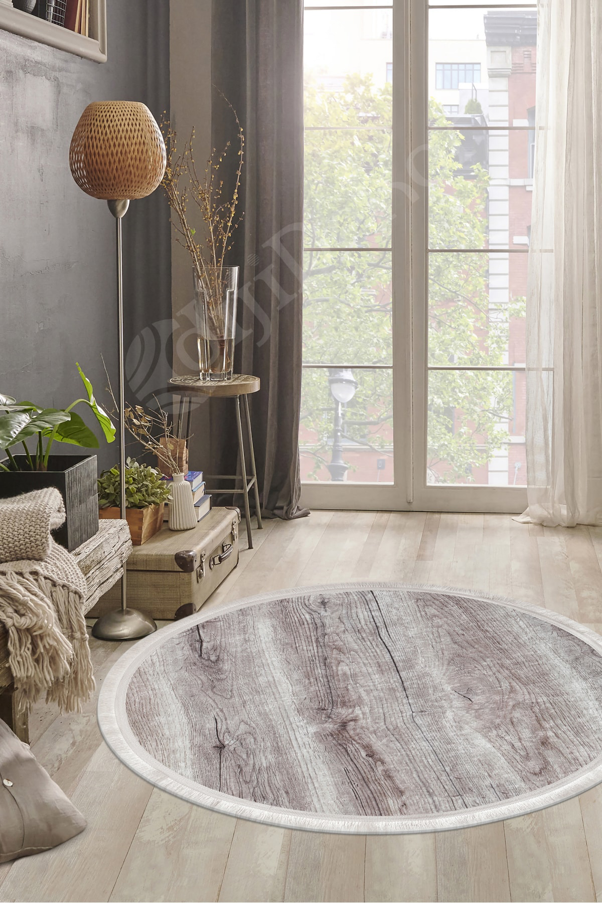 Ky7055 Vizon Saçaklı Dijital Yuvarlak Halı Yıkanabilir Banyo Pasp
