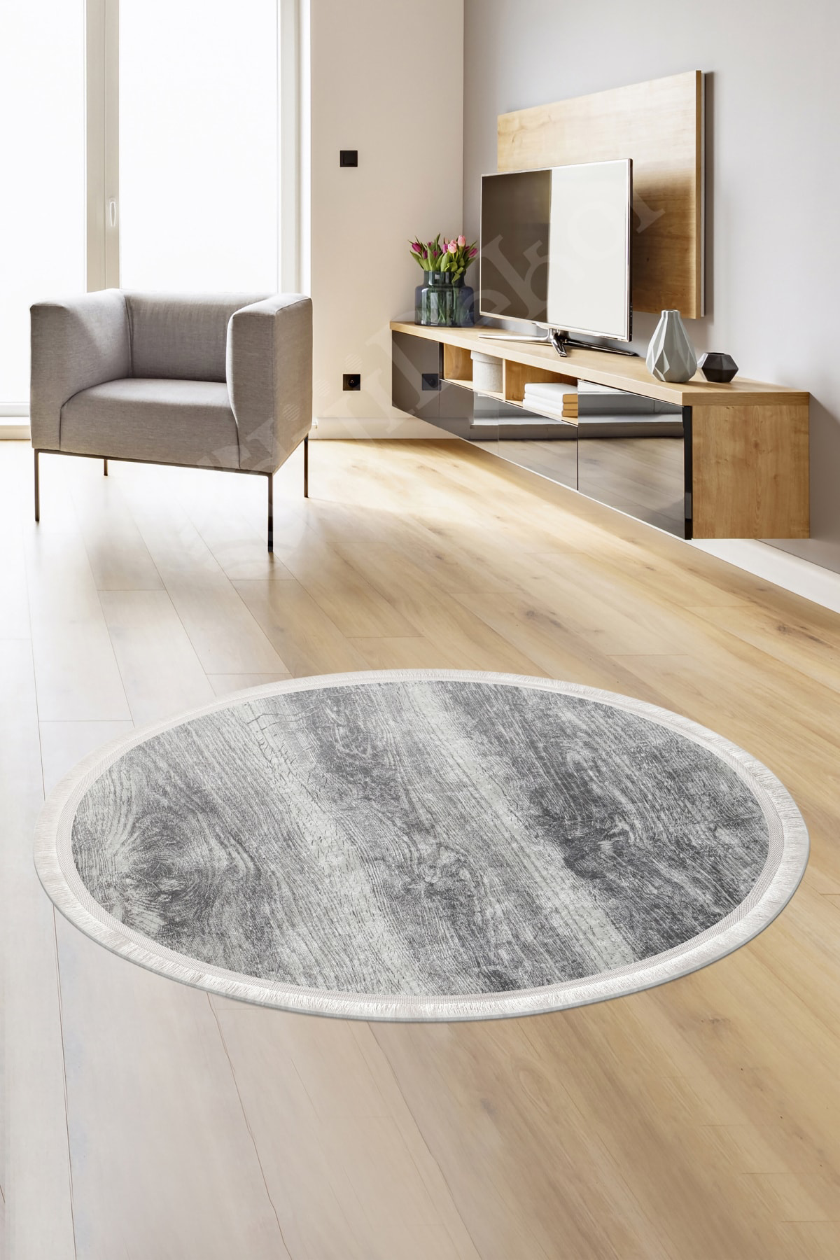 Ky7056 Gri Saçaklı Dijital Yuvarlak Halı Yıkanabilir Banyo Paspas