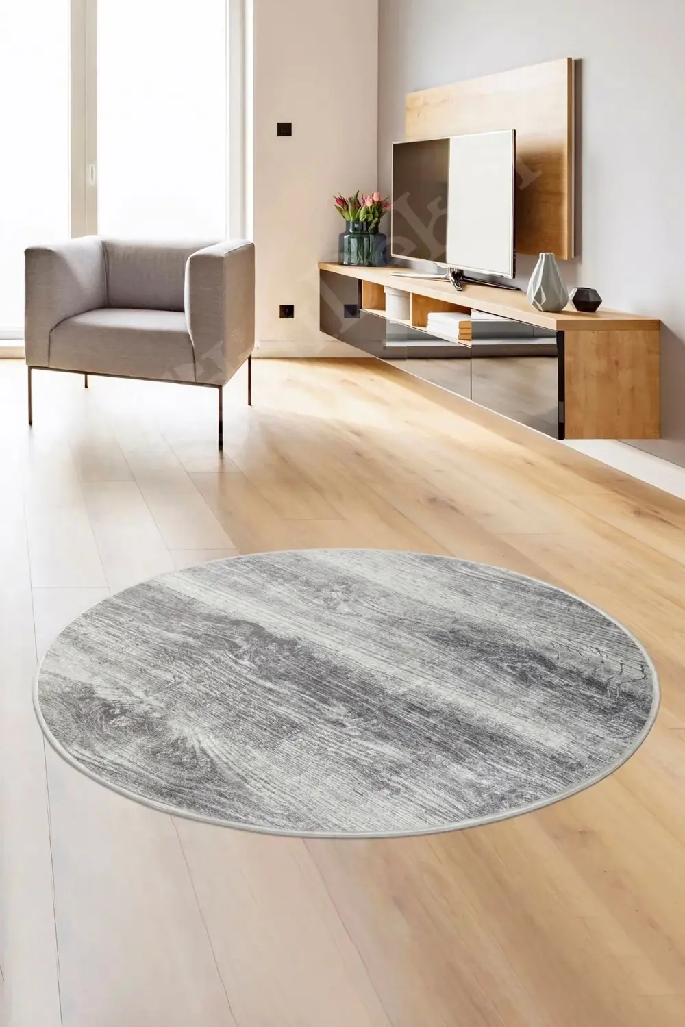 Ky7056 Gri Saçaksız Dijital Yuvarlak Halı Kaymaz Yıkanabilir Mutf