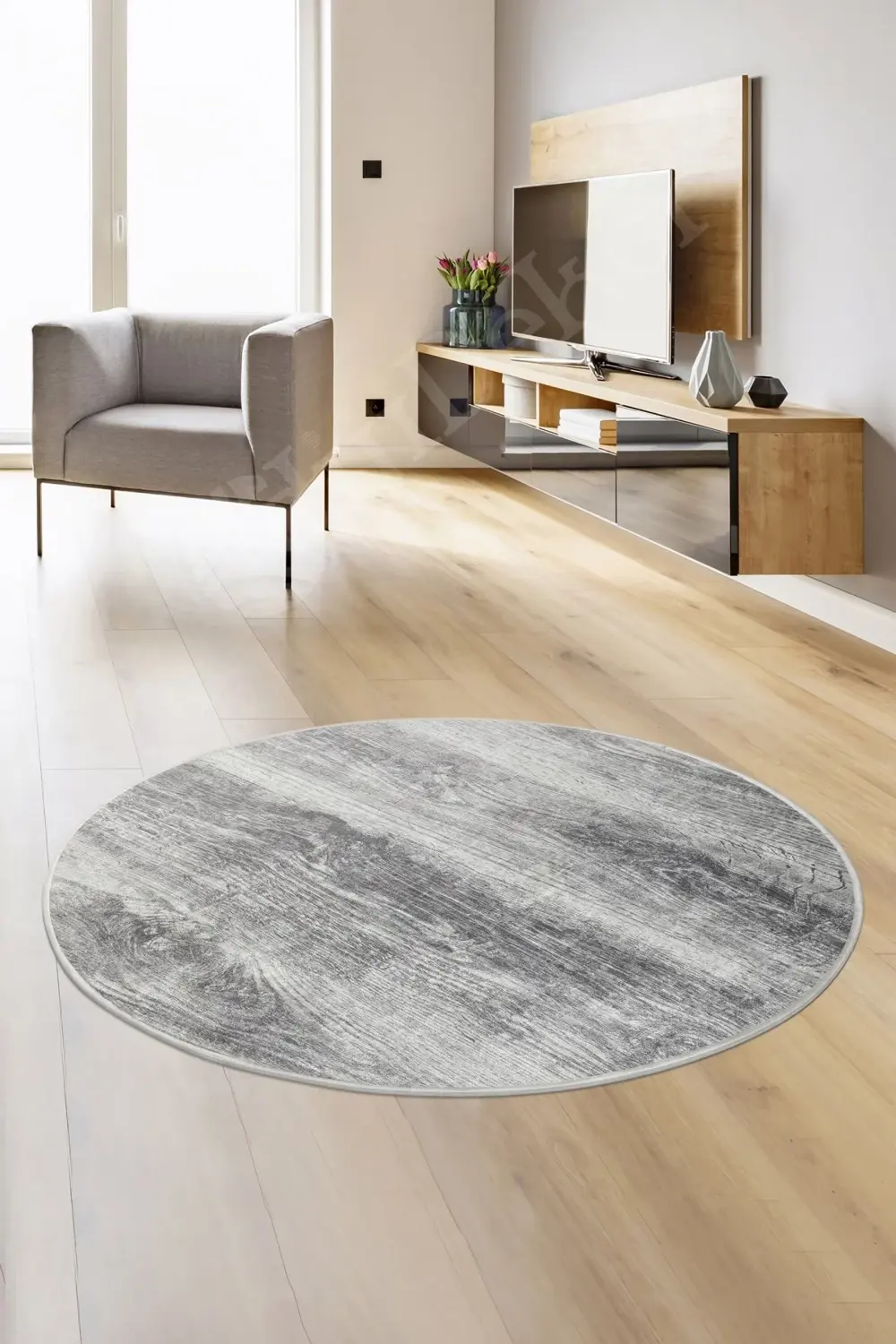 Ky7056 Gri Saçaksız Dijital Yuvarlak Halı Yıkanabilir Banyo Paspa