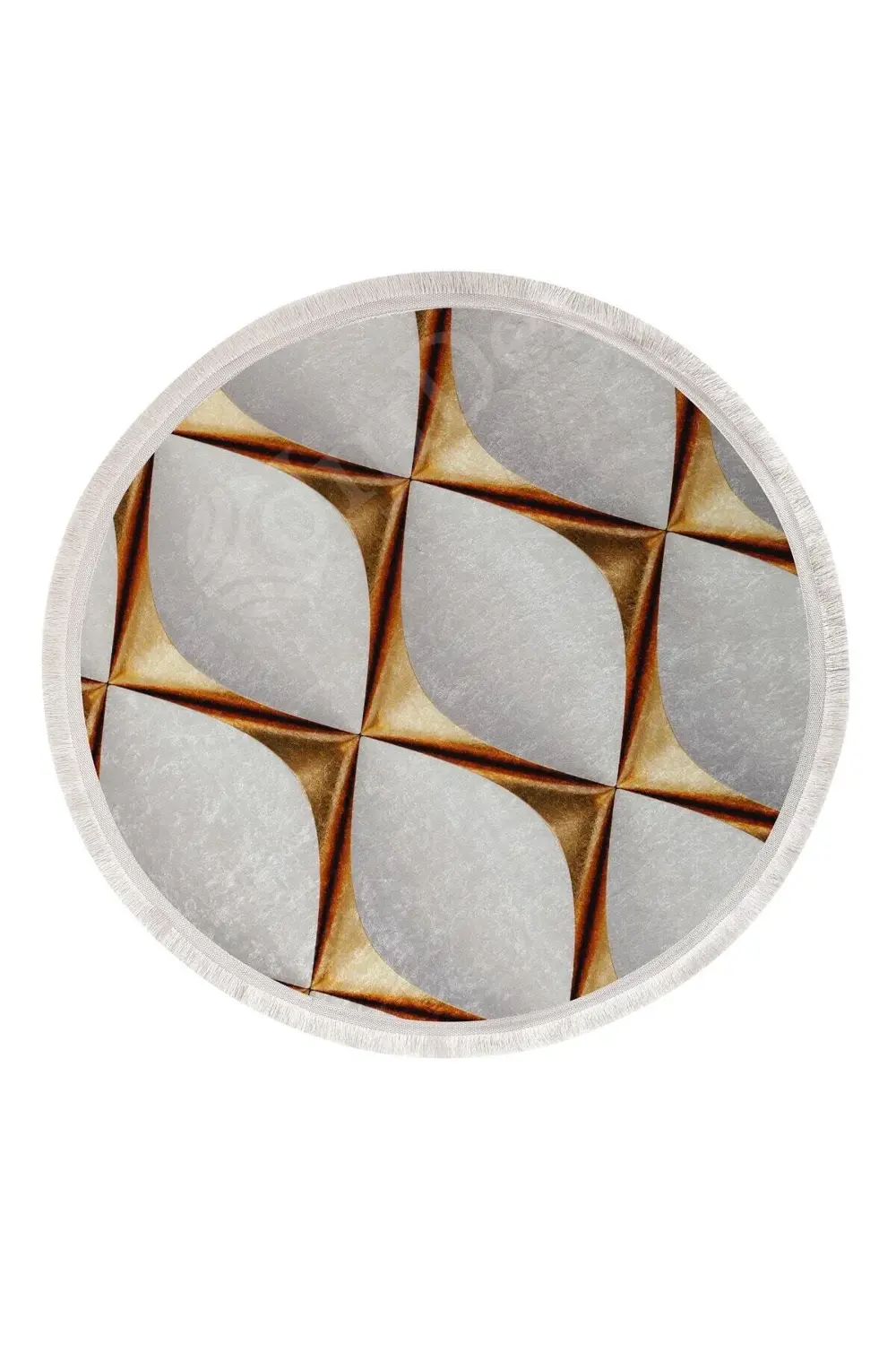 Ky7059 Gold Saçaklı Dijital Yuvarlak Halı Kaymaz Yıkanabilir Bany