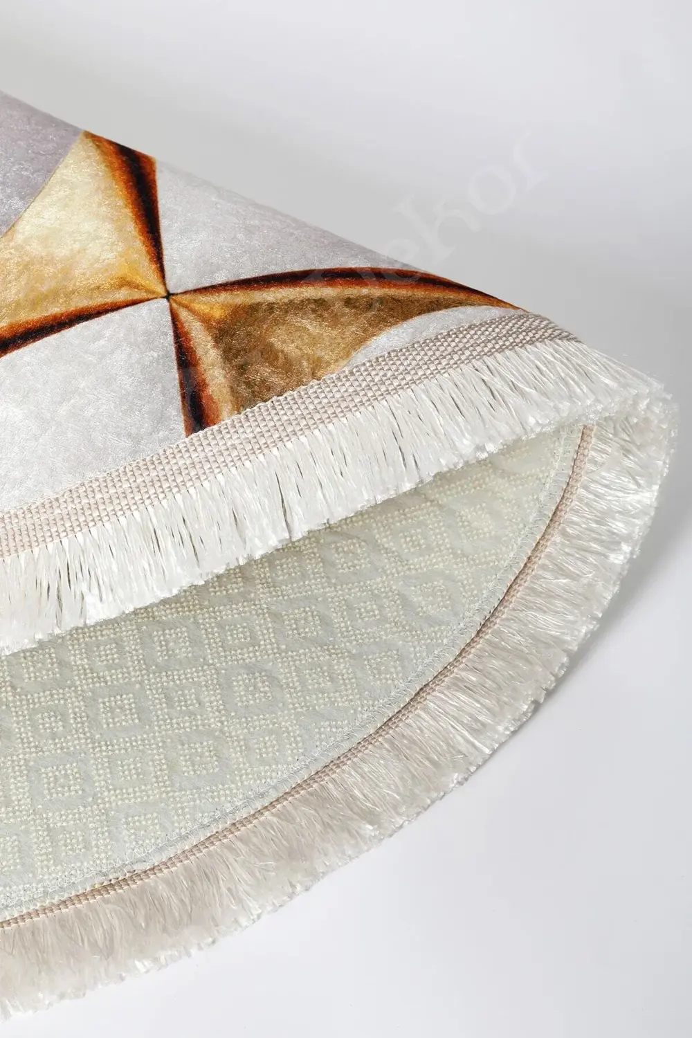 Ky7059 Gold Saçaklı Dijital Yuvarlak Halı Kaymaz Yıkanabilir Bany