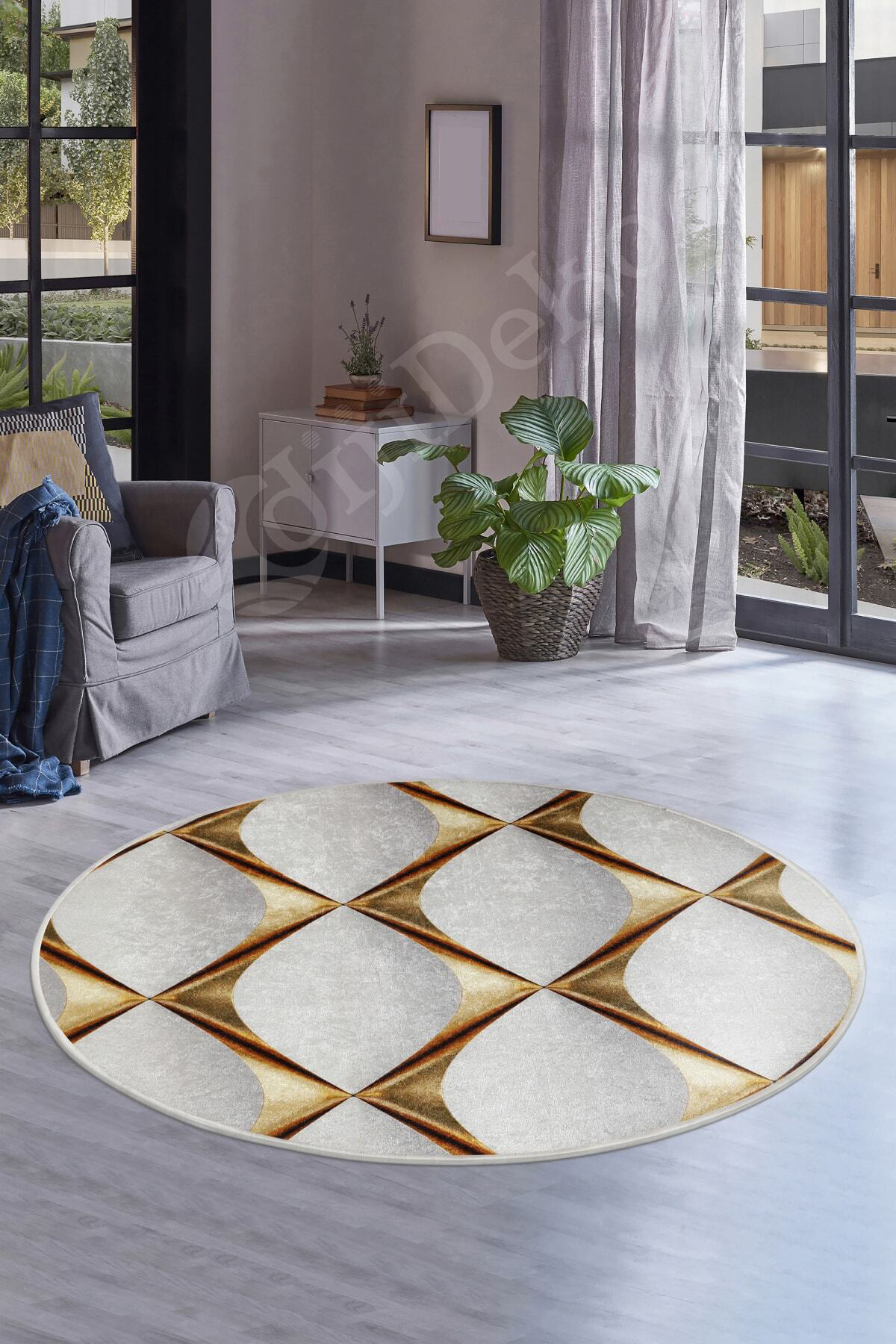 Ky7059 Gold Saçaksız Dijital Yuvarlak Halı Yıkanabilir Banyo Pasp