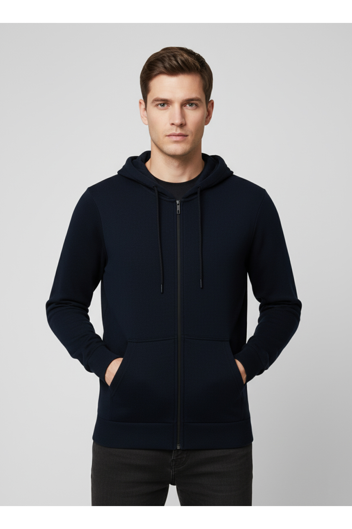 Süvari Lacivert 3 İplik Kapüşonlu Fermuarlı Sweat Hırka