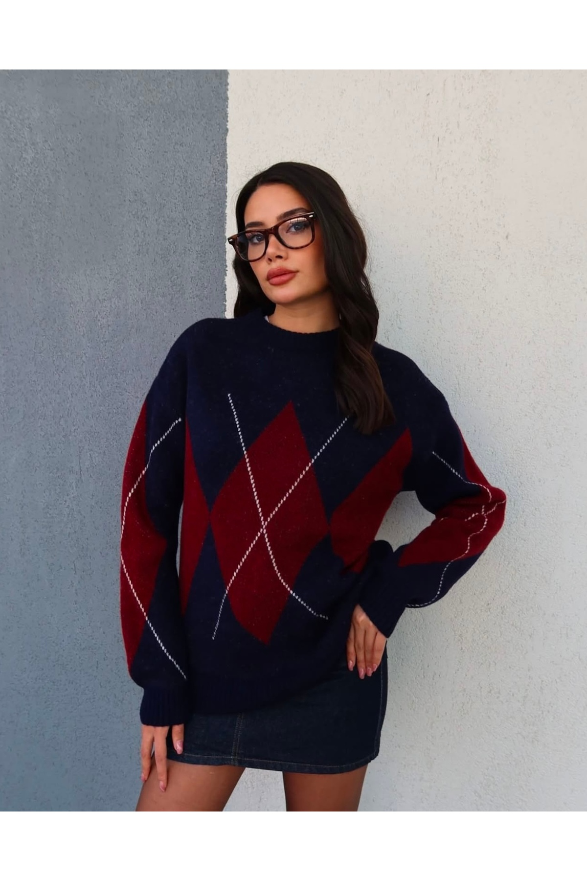 Askı Nişantaşı Lacivert Baklava Desen Oversize Triko Kazak