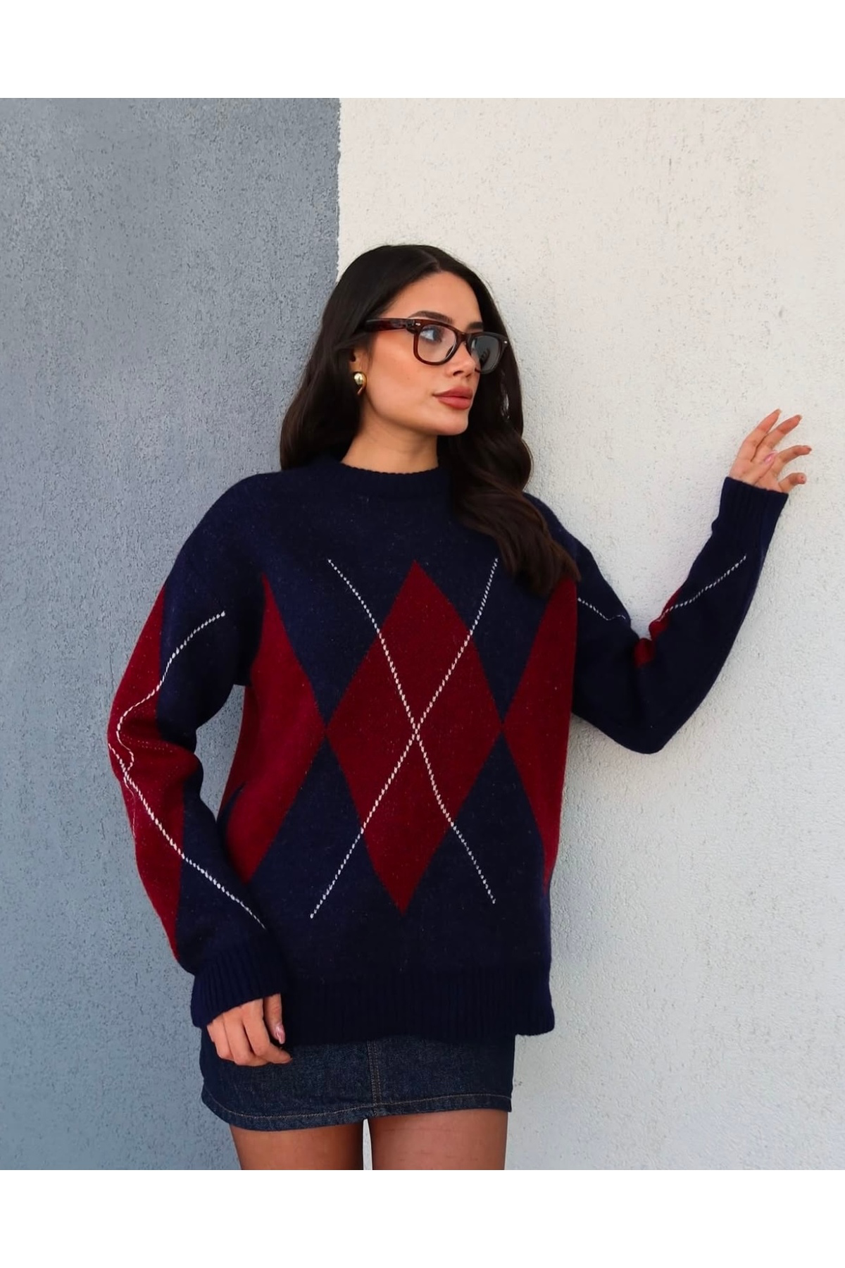 Askı Nişantaşı Lacivert Baklava Desen Oversize Triko Kazak