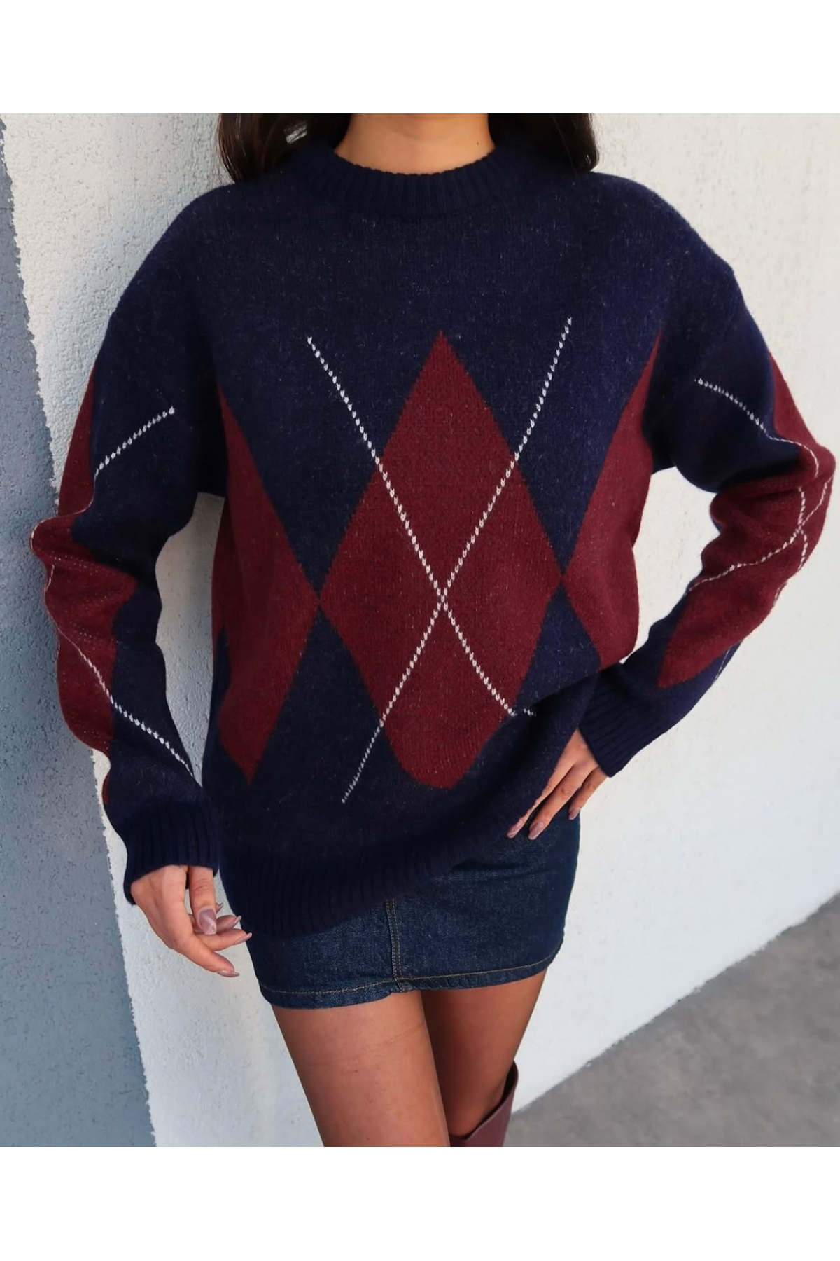 Askı Nişantaşı Lacivert Baklava Desen Oversize Triko Kazak