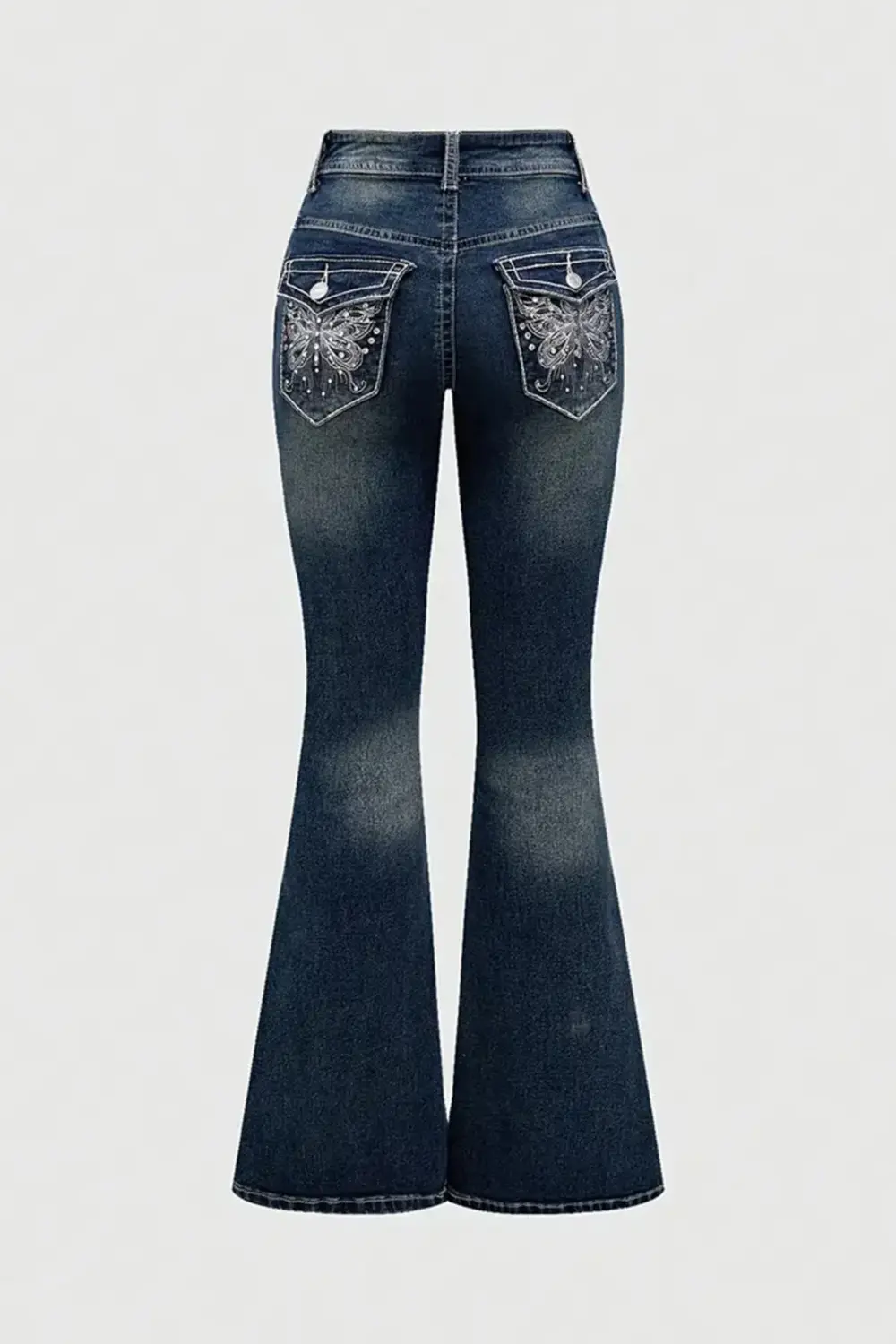 Lacivert Butterfly Cep Detaylı İspanyol Paça Y2K Pantolon