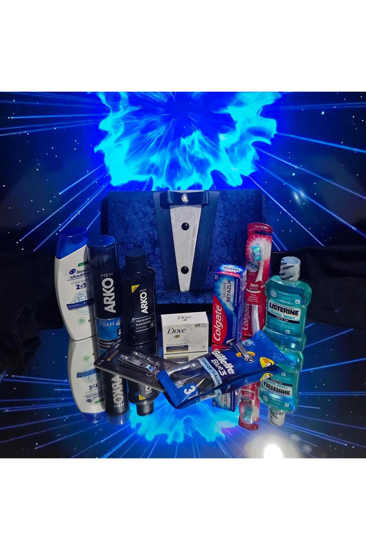 Lacivert Damat Çeyiz Sandığı – Nişan Düğün Erkek Bakım ve Tıraş Seti
