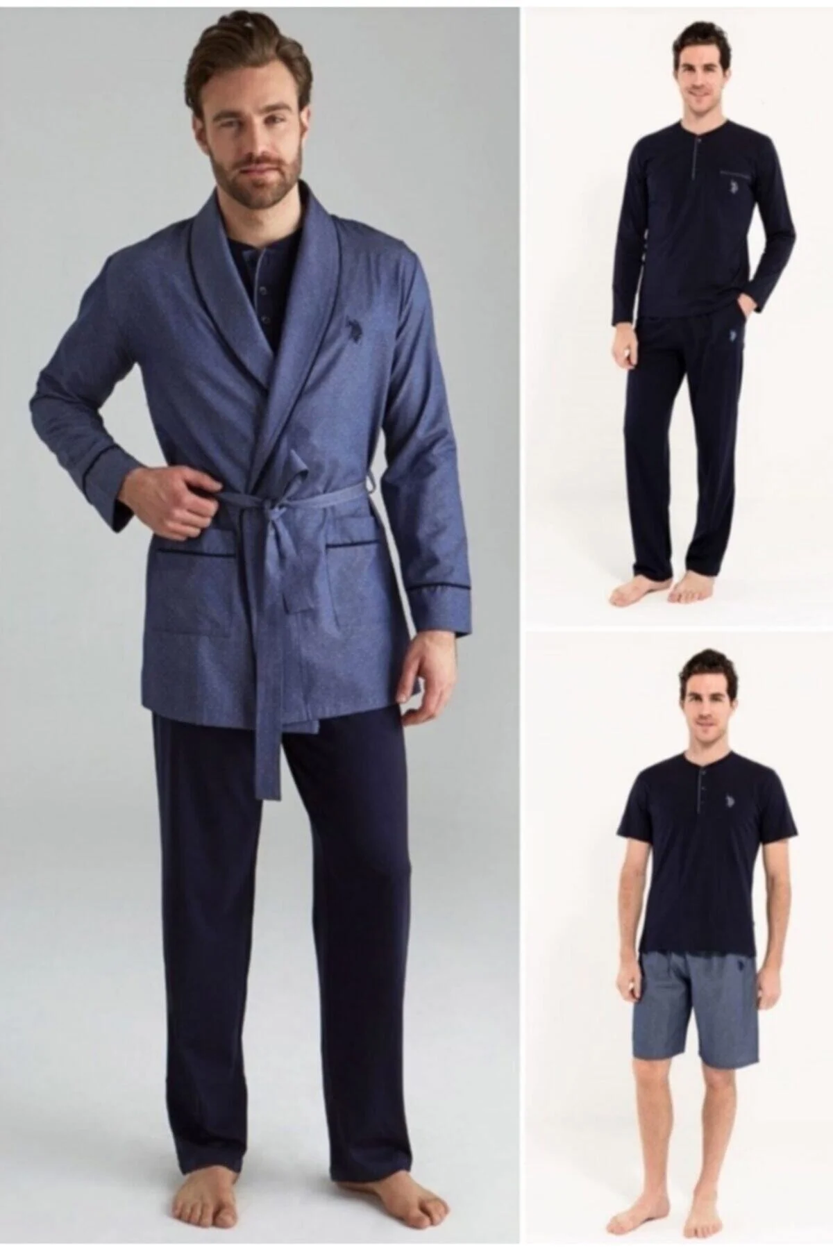Lacivert Damatlık Çeyize Uygun 5 Parça Robdöşambır Pijama Seti