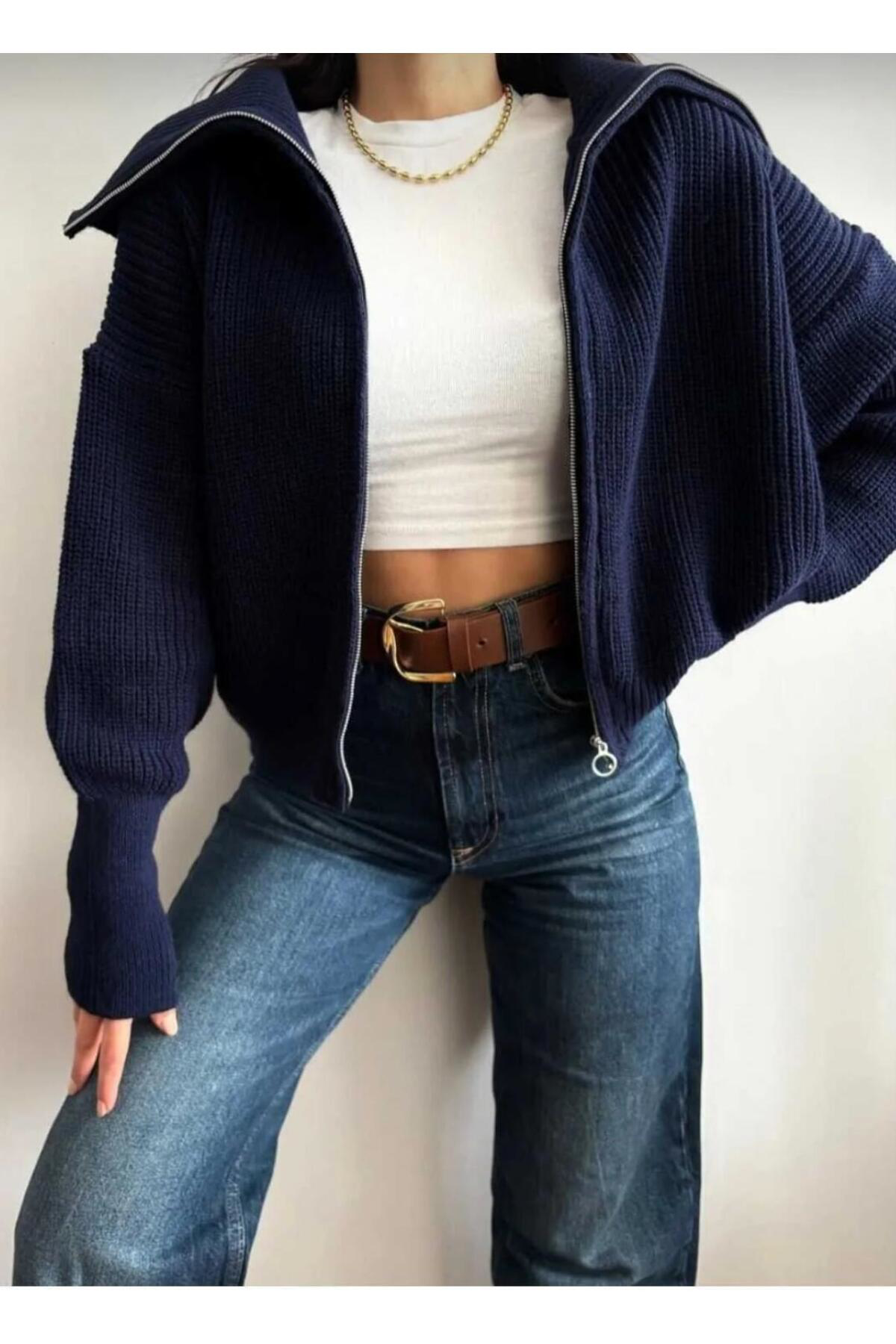 Nopen Knitwear Swc Lacivert Devrik Yaka Fermuarlı Triko Hırka