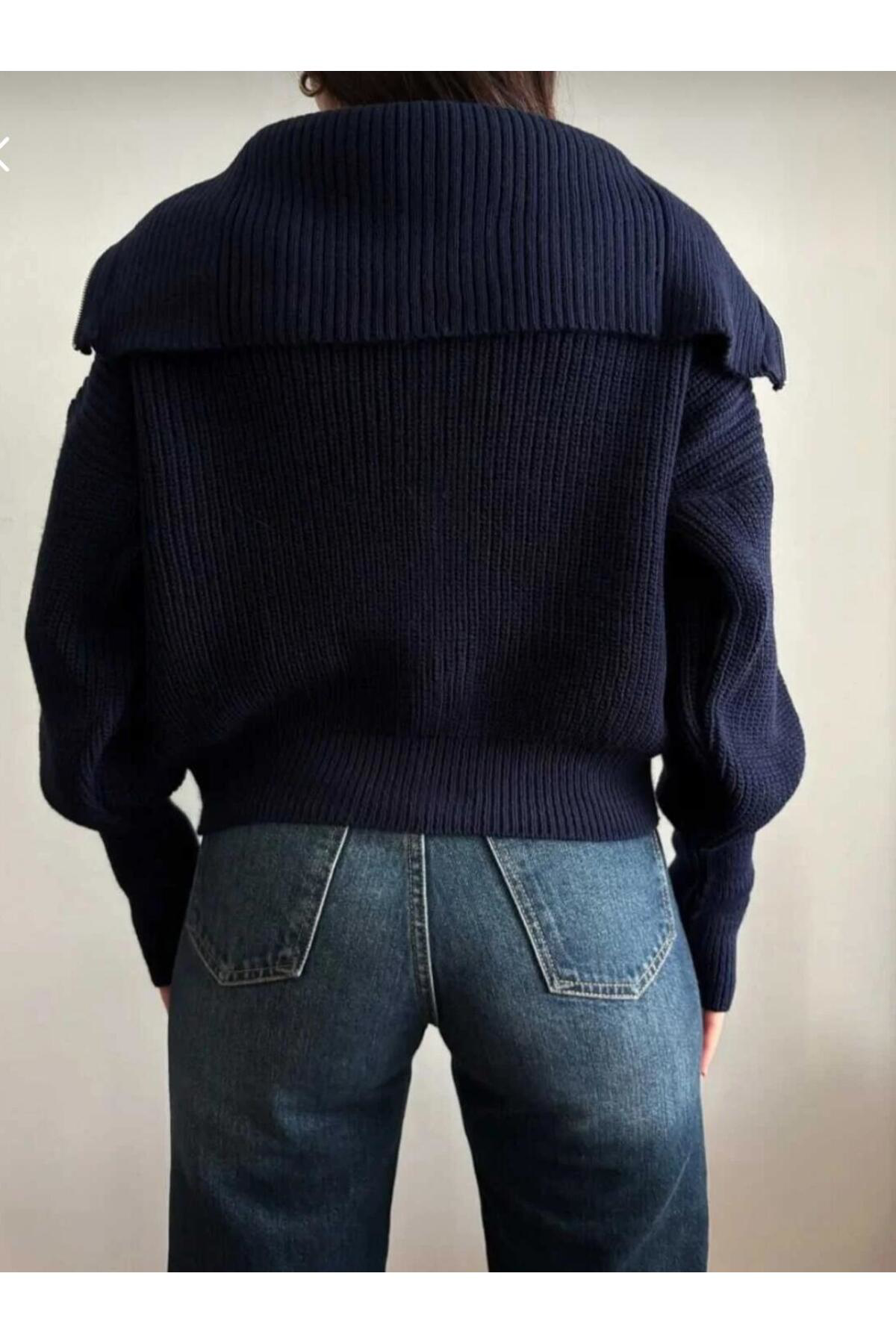 Nopen Knitwear Swc Lacivert Devrik Yaka Fermuarlı Triko Hırka