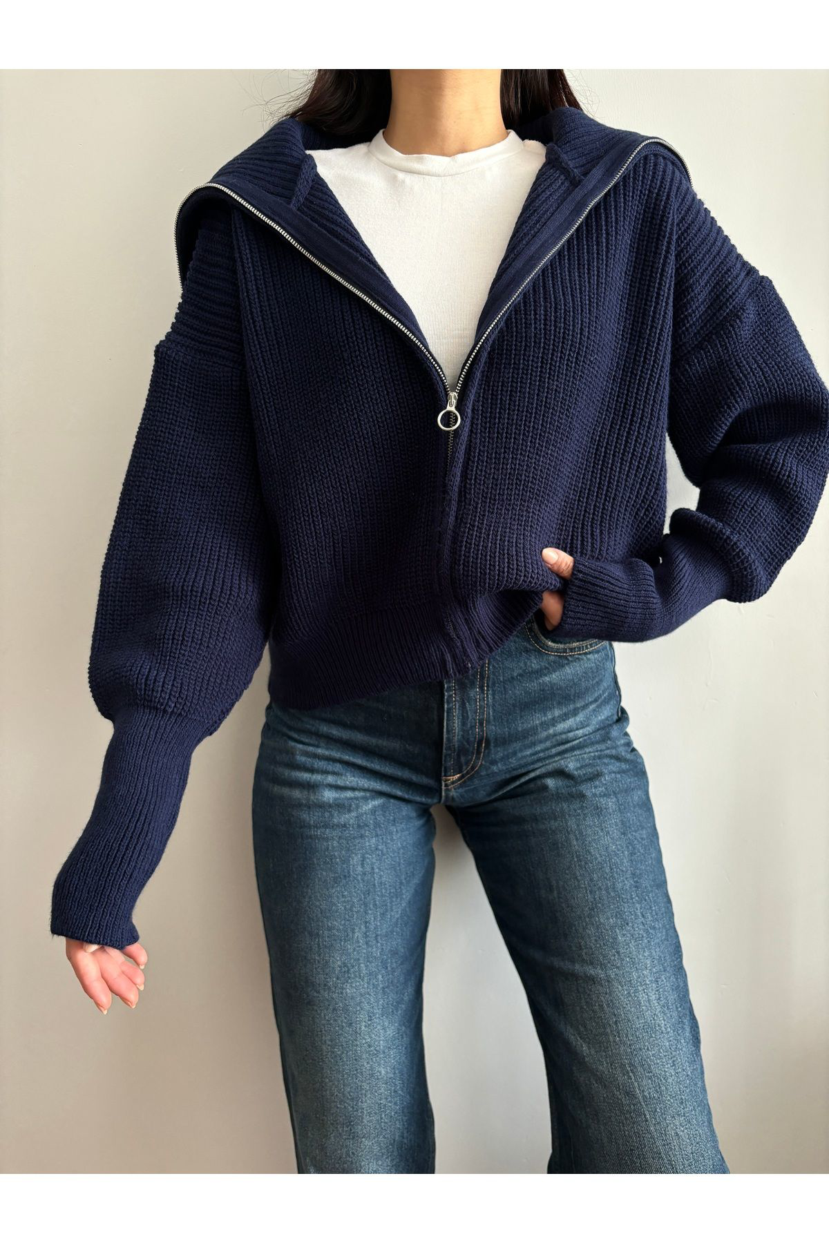 Nopen Knitwear Swc Lacivert Devrik Yaka Fermuarlı Triko Hırka