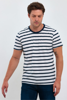 Lacivert Erkek Slim Fit Kesim Bisiklet Yaka Kısa Kollu Çizgili T-