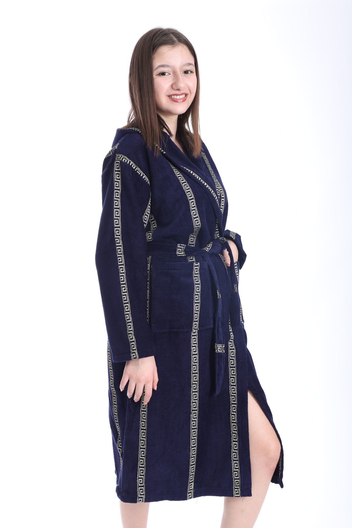 Rovisoft Lacivert Jagarlı Kapşonlu Bornoz