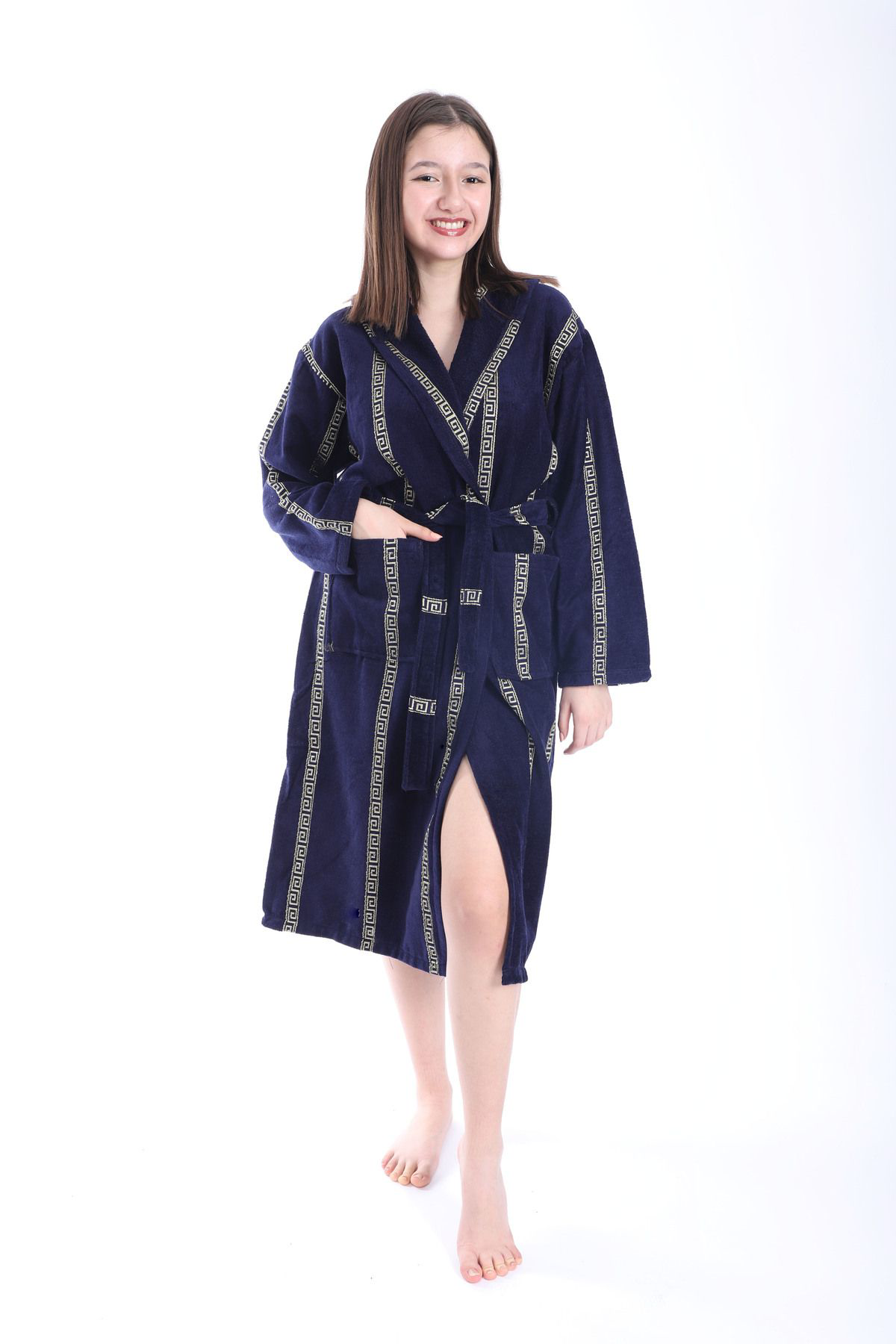 Rovisoft Lacivert Jagarlı Kapşonlu Bornoz