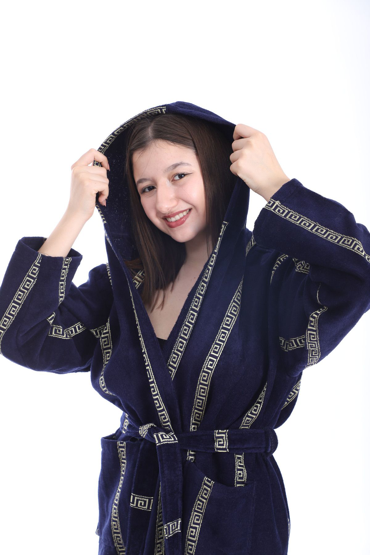 Rovisoft Lacivert Jagarlı Kapşonlu Bornoz