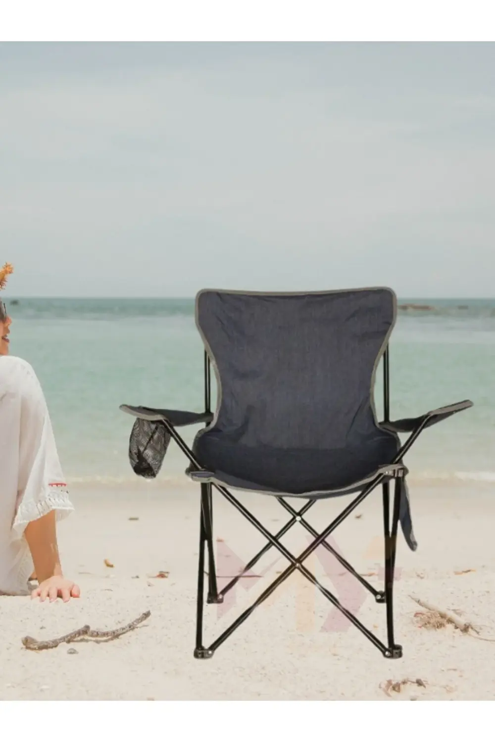 Lacivert Katlanır Rejisörlü Kamp Sandalyesi Cepli Kot Kumaş Taşım