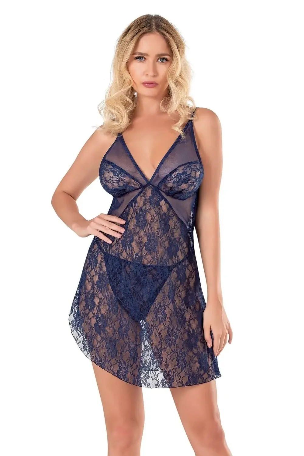 Lacivert Kısa Tül Gecelik