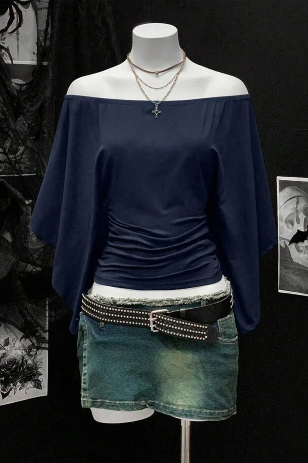Lacivert Madonna Yaka Yarasa Kol Düz Y2K Uzun Kollu Crop