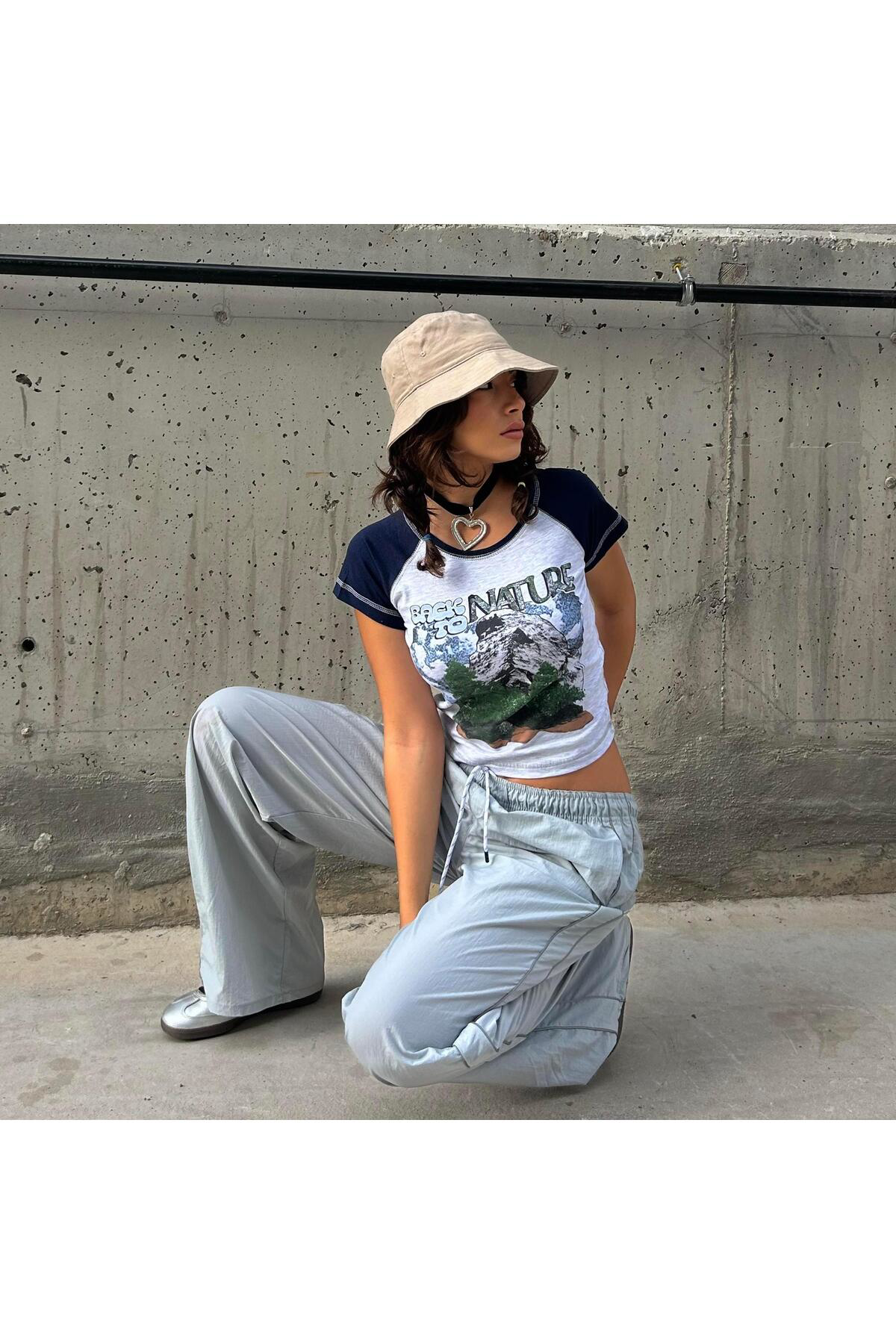 Lacivert Raglan Kollu Back To Nature Gri Melanj Kısa Kollu Crop