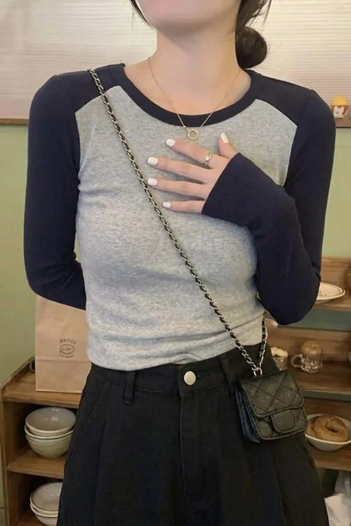 Lacivert Raglan Kollu Gri Melanj Basic Y2K Uzun Kollu Crop Lacivert Raglan Kollu Gri Melanj Basic Y2K Uzun Kollu Crop