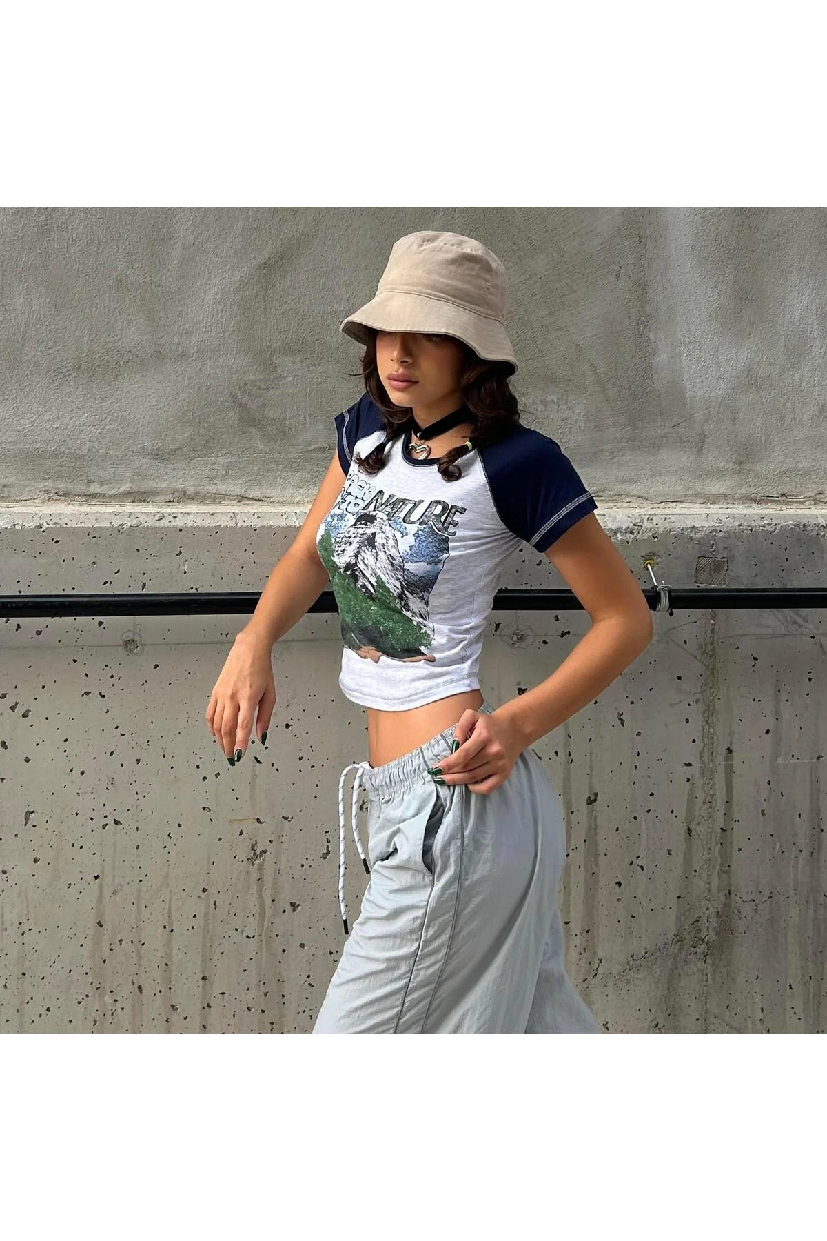 Lacivert Raglan Kollu Back To Nature Gri Melanj Kısa Kollu Crop - Görsel 4