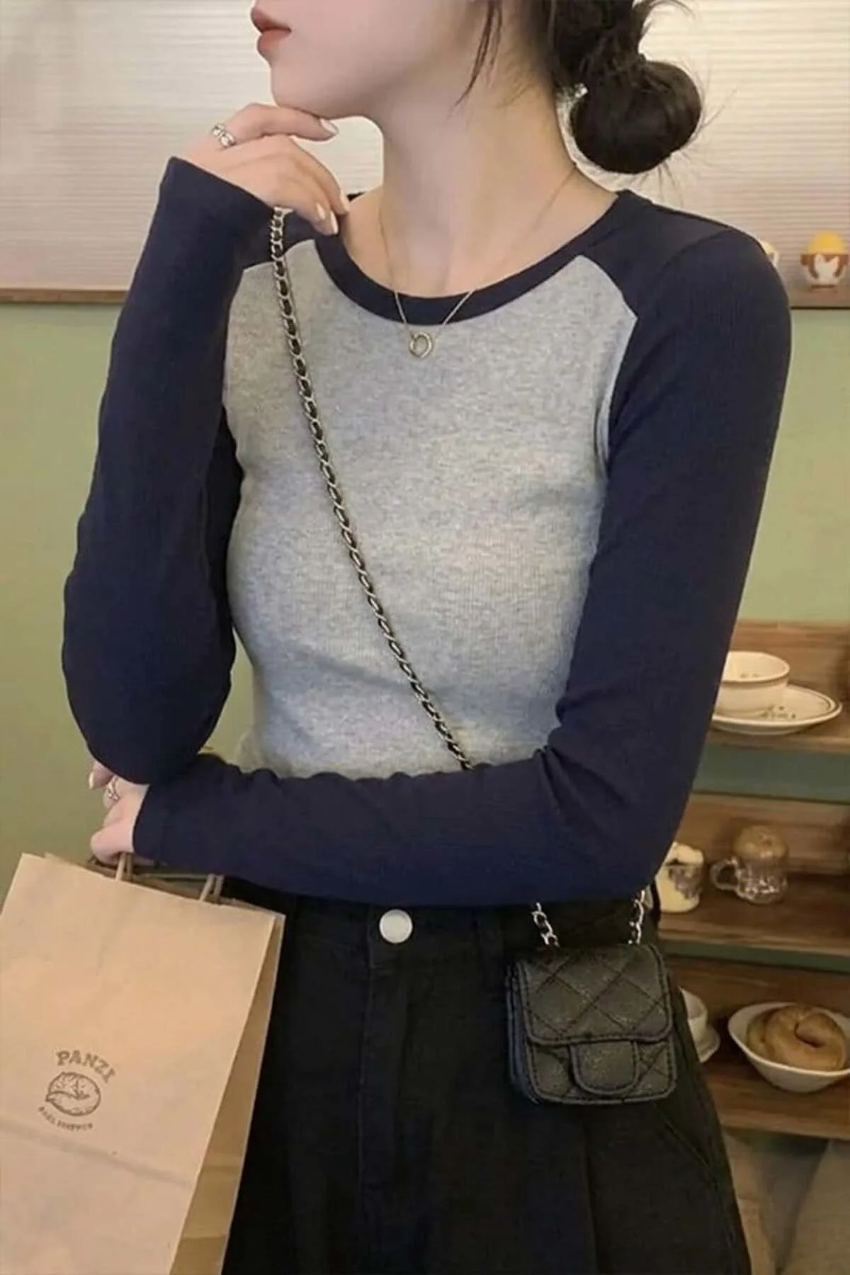 Lacivert Raglan Kollu Gri Melanj Basic Y2K Uzun Kollu Crop Lacivert Raglan Kollu Gri Melanj Basic Y2K Uzun Kollu Crop