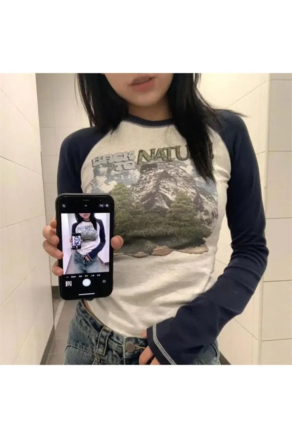 Lacivert Raglan Kollu Back To Nature Gri Melanj Uzun Kollu Crop