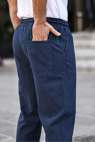 Lacivert Renk Erkek Yazlık Keten Karışımı Relaxed Pantolon - LACİ