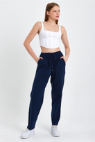 Lacivert Renk Kadın Yazlık Keten Karışımı Relaxed Pantolon - LACİ