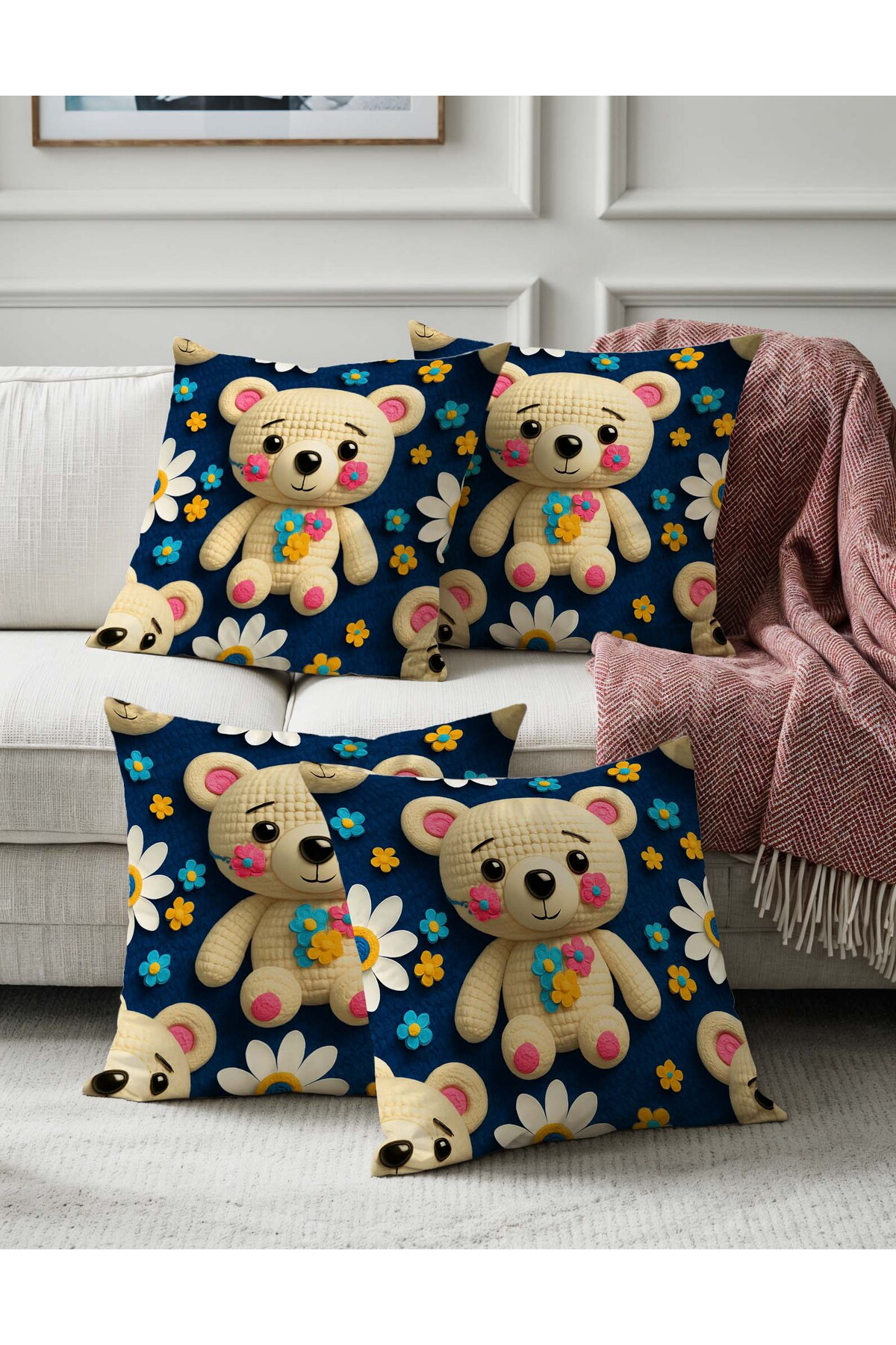 Lacivert Sevimli Ayıcık Çocuk Odası Temalı Dijital Baskılı Dekora