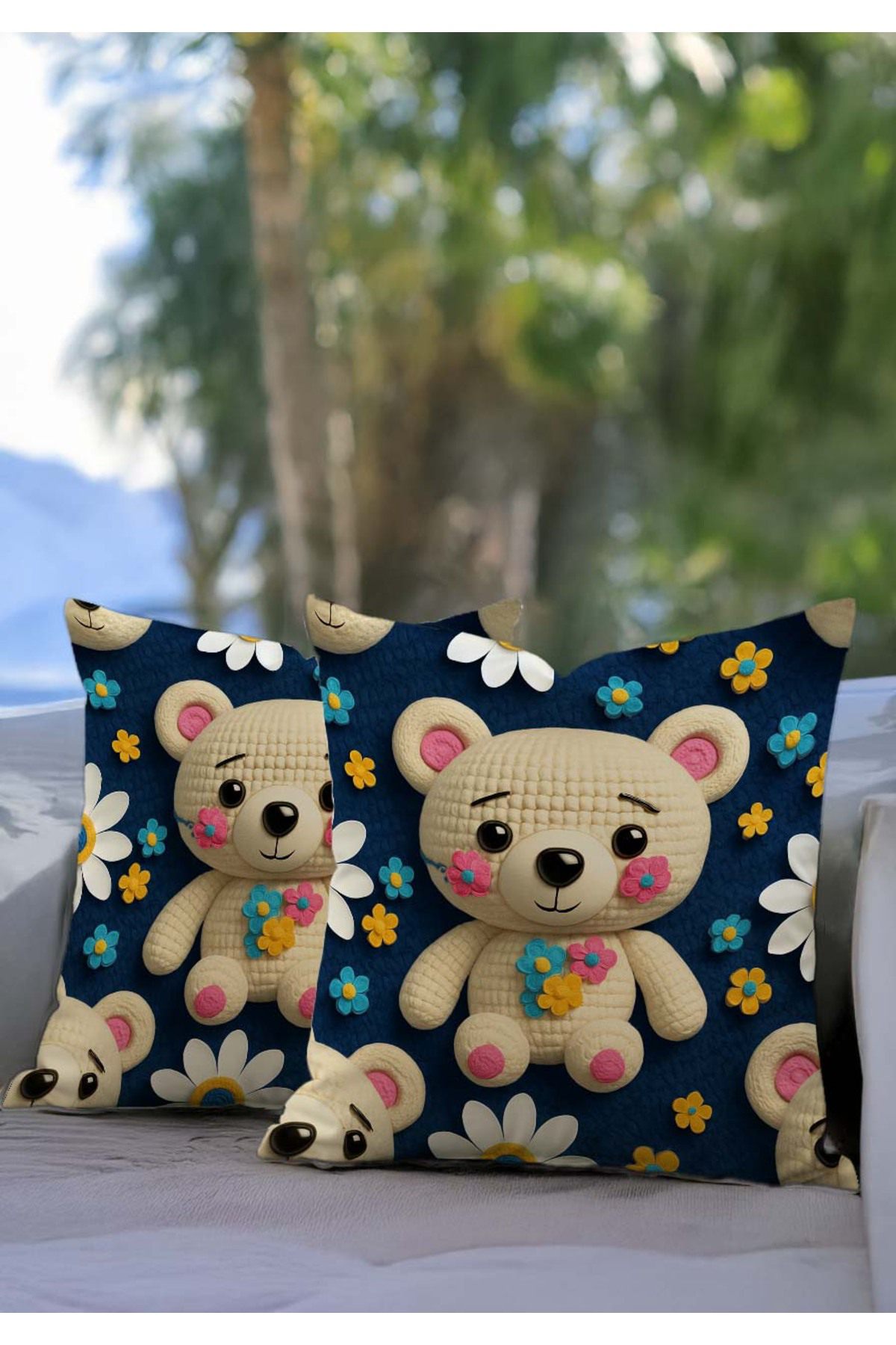 Sakallı Lacivert Sevimli Ayıcık Çocuk Odası Temalı Dijital Baskılı Dekora