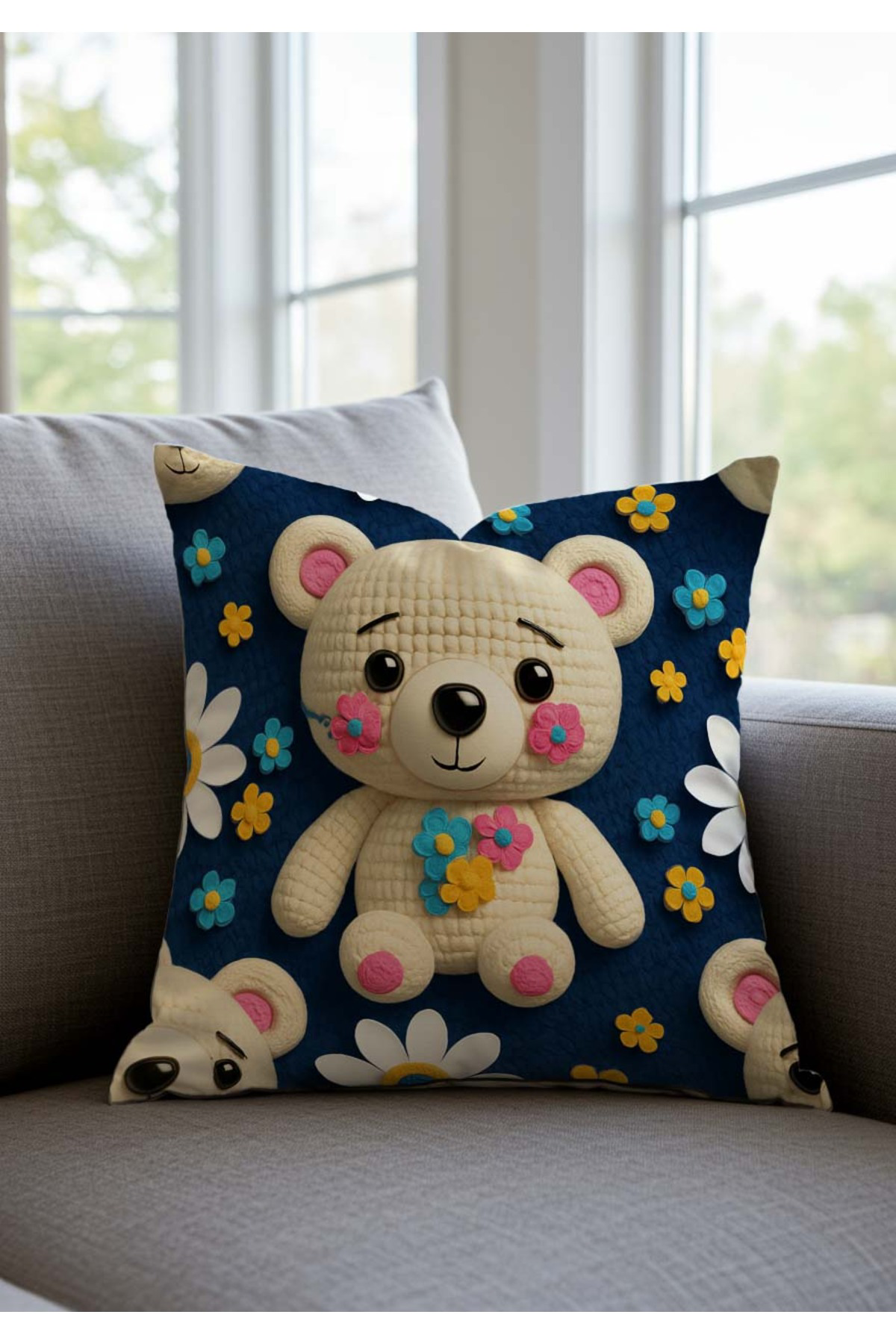 Sakallı Lacivert Sevimli Ayıcık Çocuk Odası Temalı Dijital Baskılı Dekora