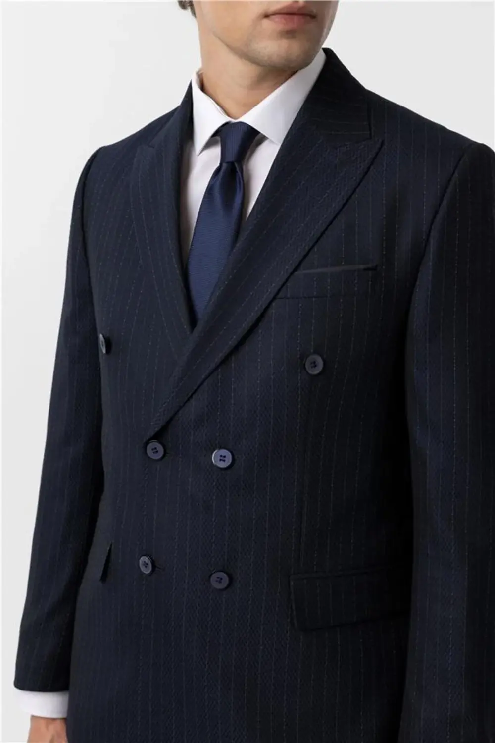 Lacivert Slim Çizgili Kruvaze Yaka 6 Drop Takım Elbise