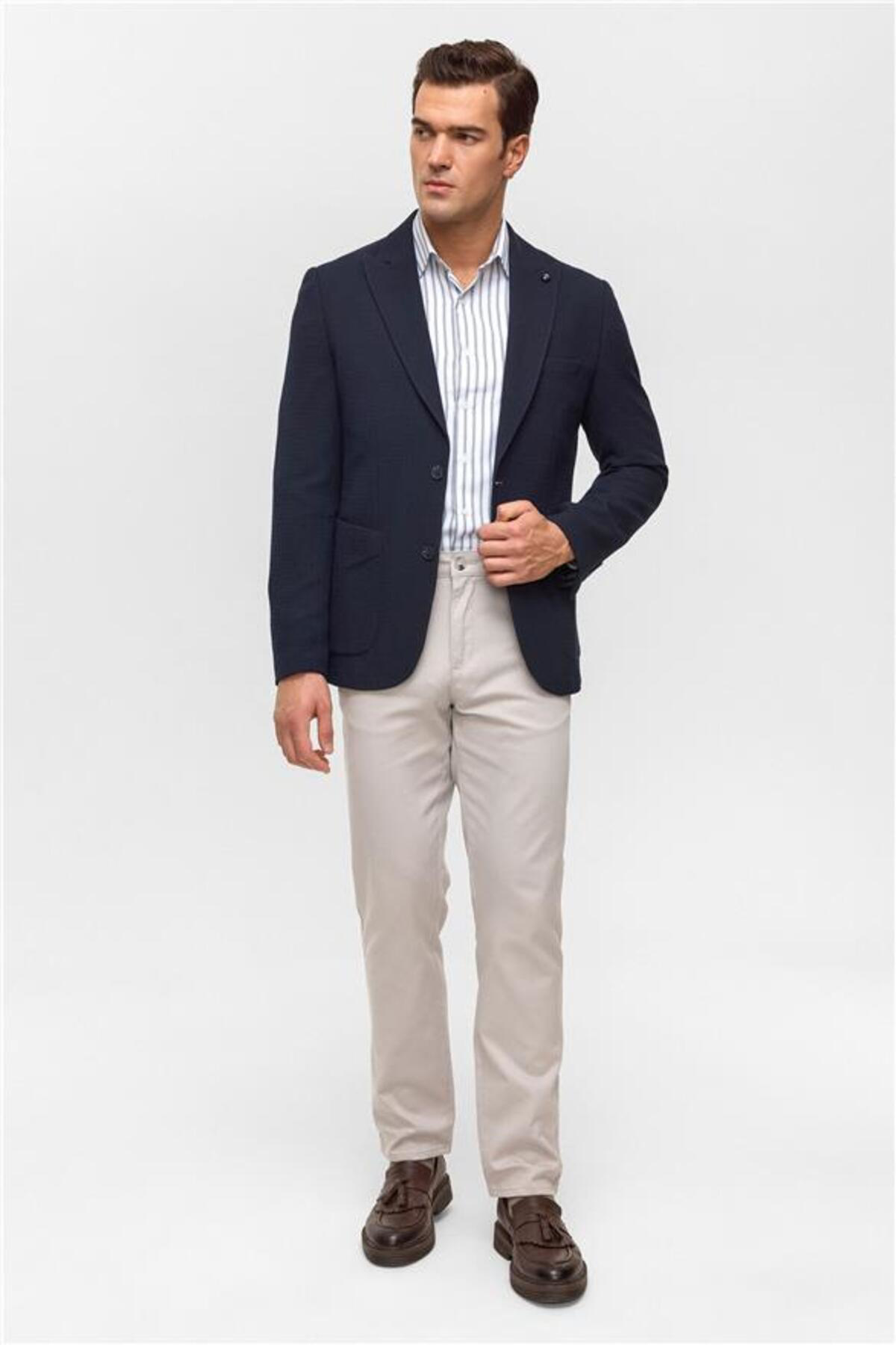 Lacivert Slim Mono Yaka Torba Cep 6 Drop Klasik Ceket