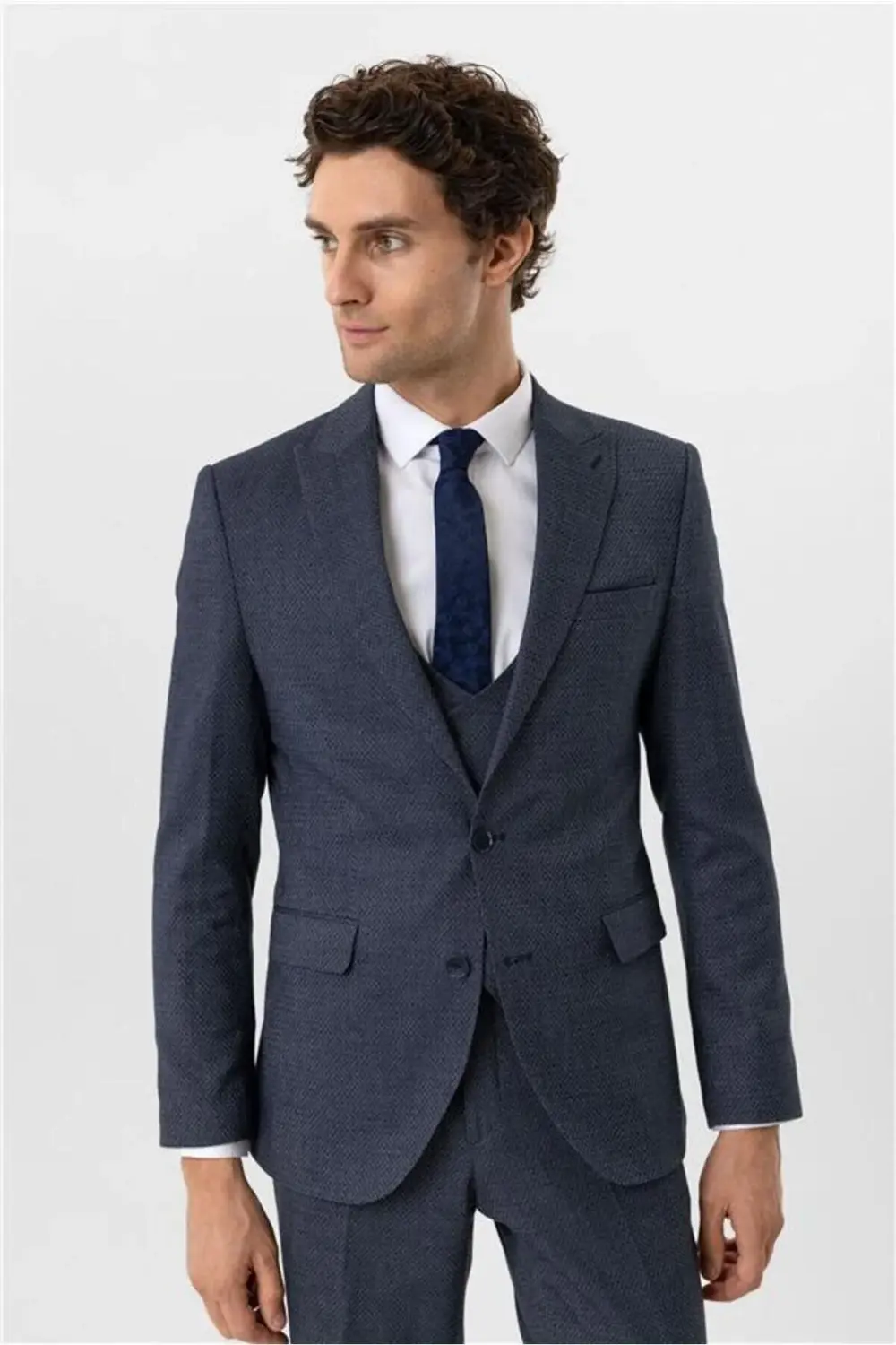 Lacivert Slim Desenli Sivri Yaka 6 Drop Yelekli Takım Elbise