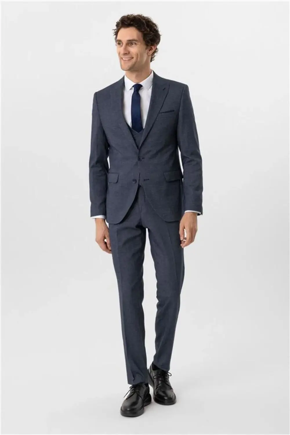 Lacivert Slim Desenli Sivri Yaka 6 Drop Yelekli Takım Elbise