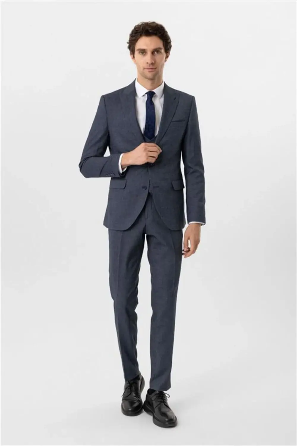 Lacivert Slim Desenli Sivri Yaka 6 Drop Yelekli Takım Elbise