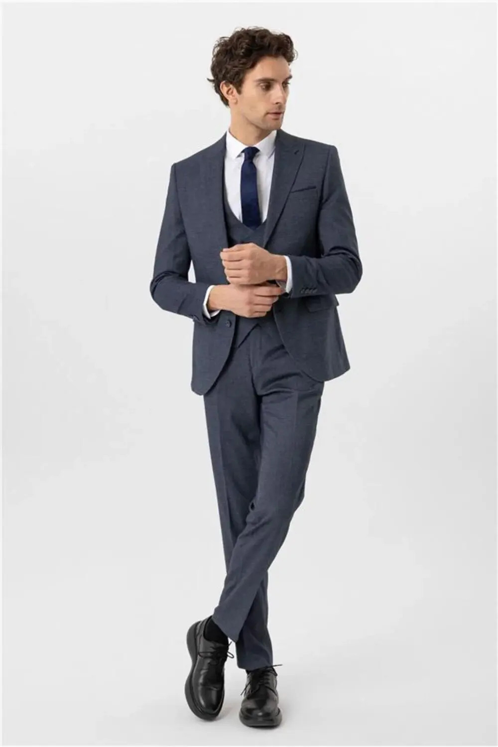 Lacivert Slim Desenli Sivri Yaka 6 Drop Yelekli Takım Elbise