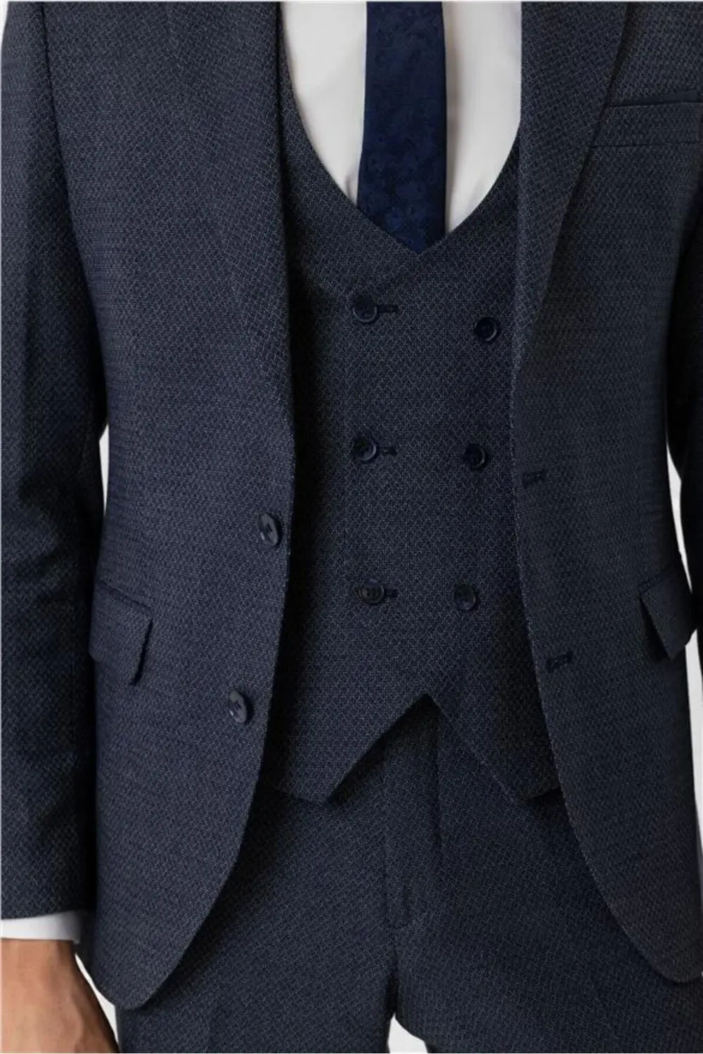 Lacivert Slim Desenli Sivri Yaka 6 Drop Yelekli Takım Elbise