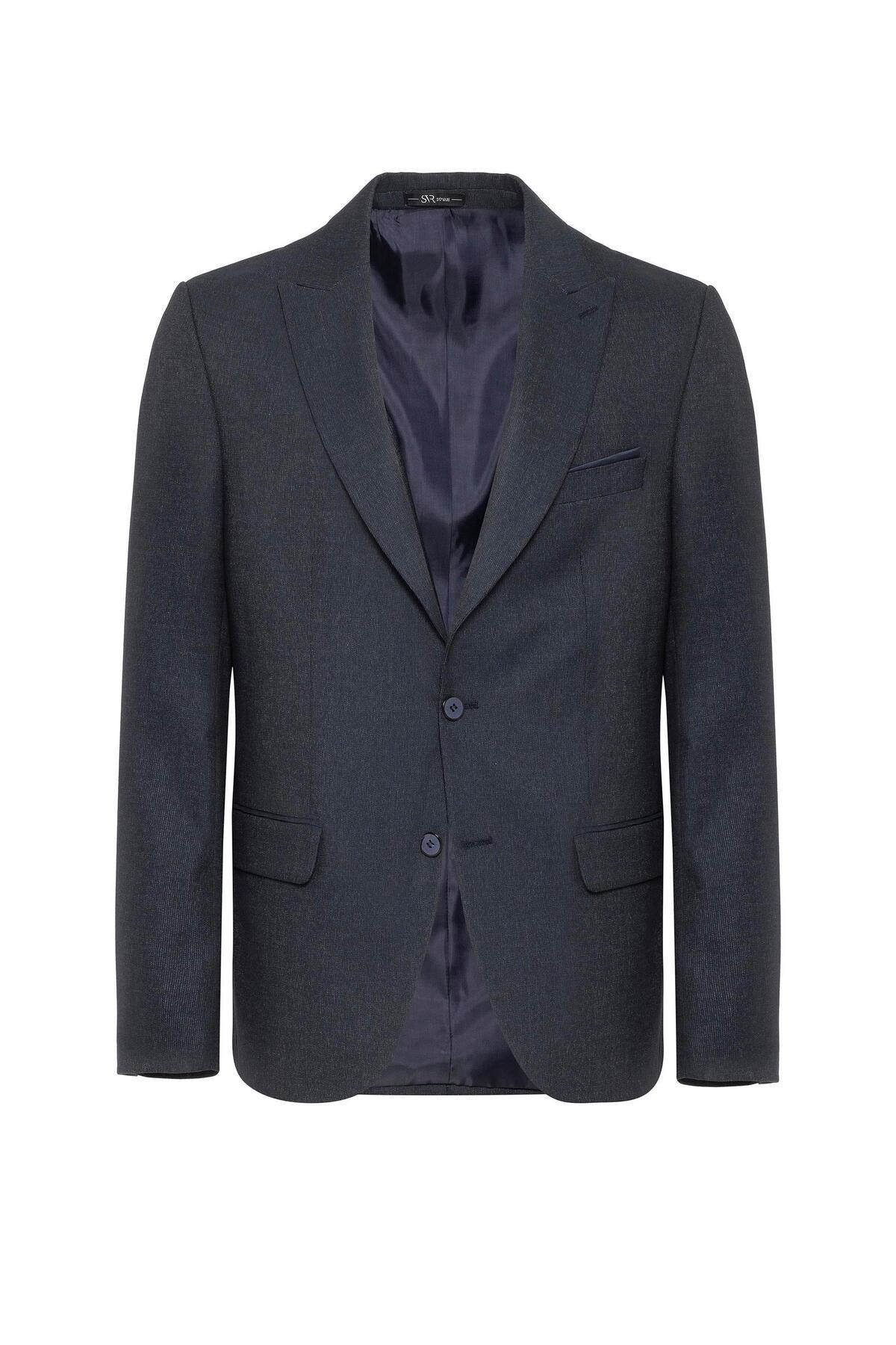 Süvari Lacivert Slim Fit Desenli Sivri Yaka 6 Drop Klasik Takım Elbise