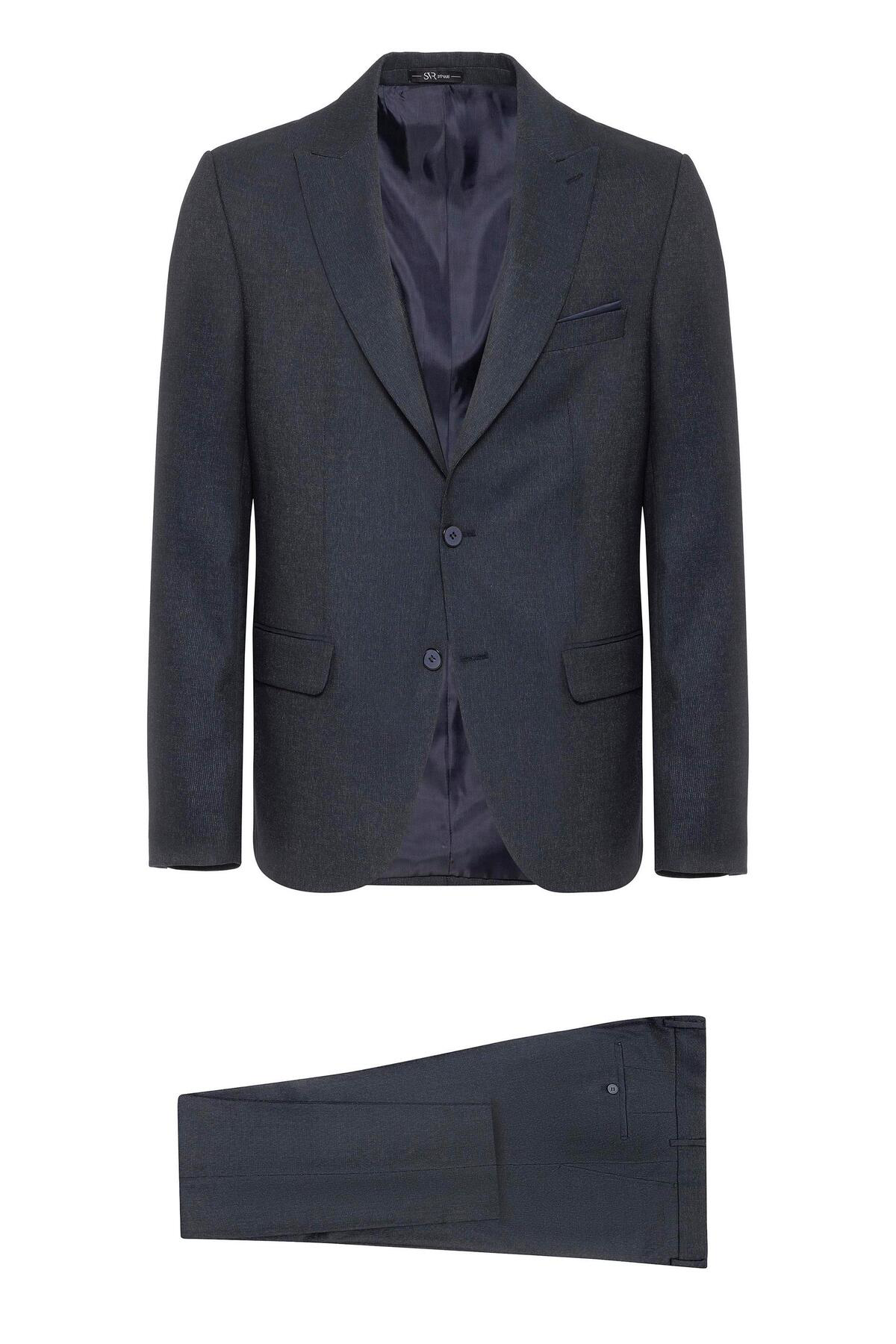 Süvari Lacivert Slim Fit Desenli Sivri Yaka 6 Drop Klasik Takım Elbise