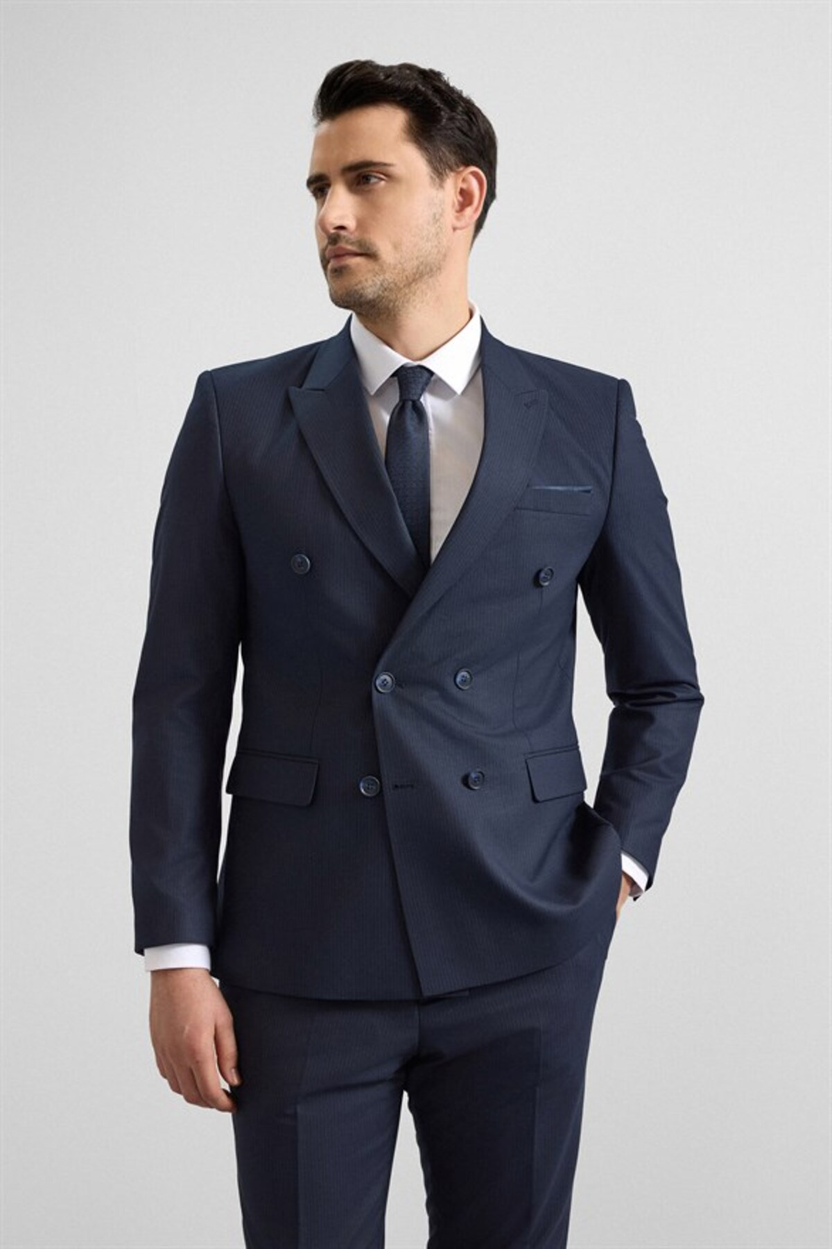 Lacivert Slim Kruvaze Yaka 6 Drop Takım Elbise