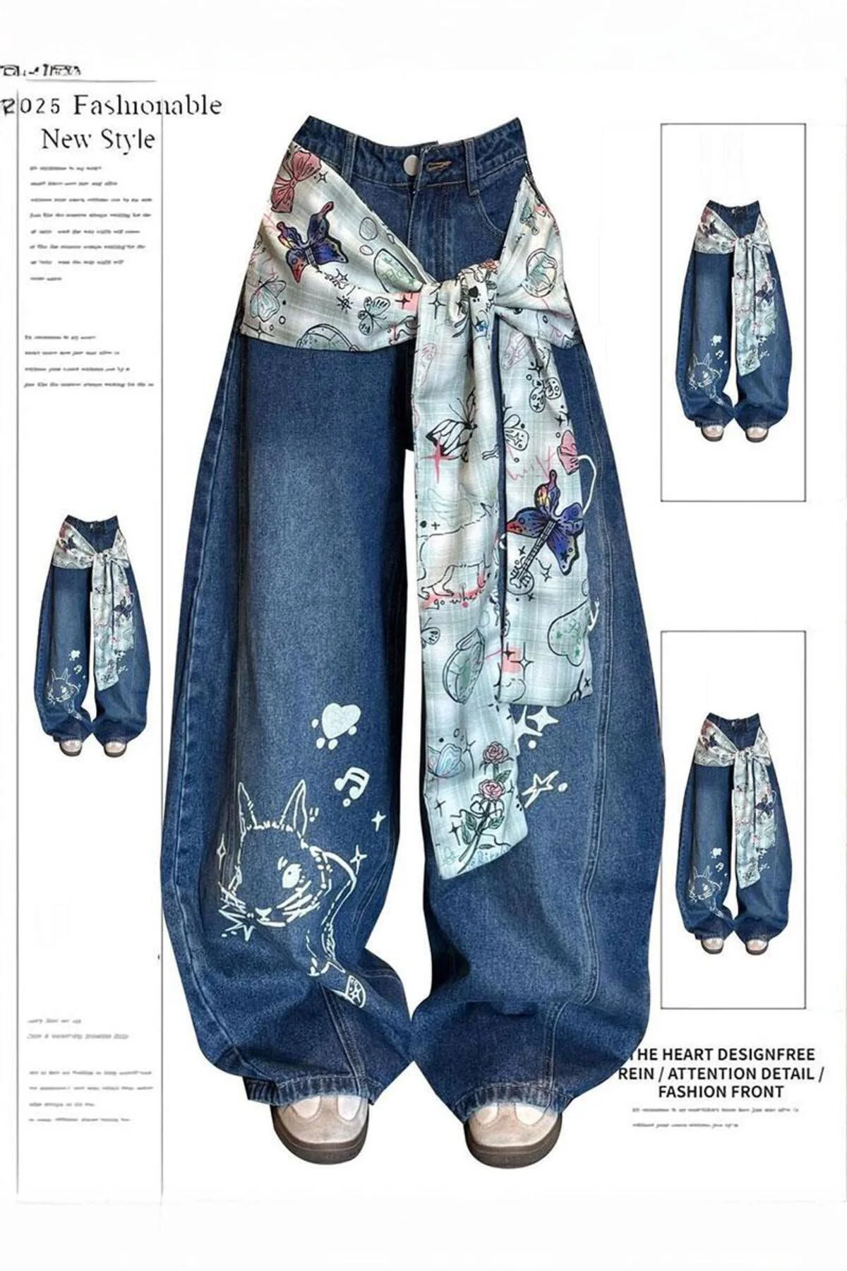 Lacivert Vintage Fularlı Tavşan Baskılı Baggy Pantolon Fiyatı, Yorumları ve Özellikleri