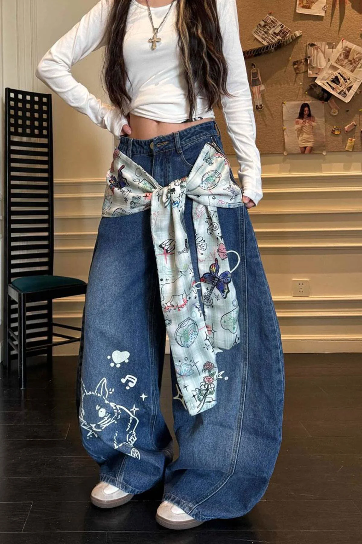 Lacivert Vintage Fularlı Tavşan Baskılı Baggy Pantolon Fiyatı, Yorumları ve Özellikleri