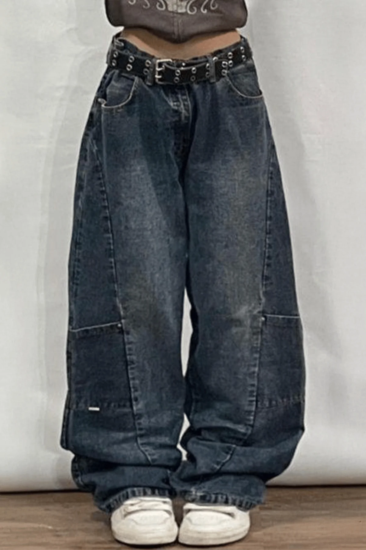 Lacivert Yıkamalı Baggy Cep Mini Nakış Y2K Pantolon - Görsel 2